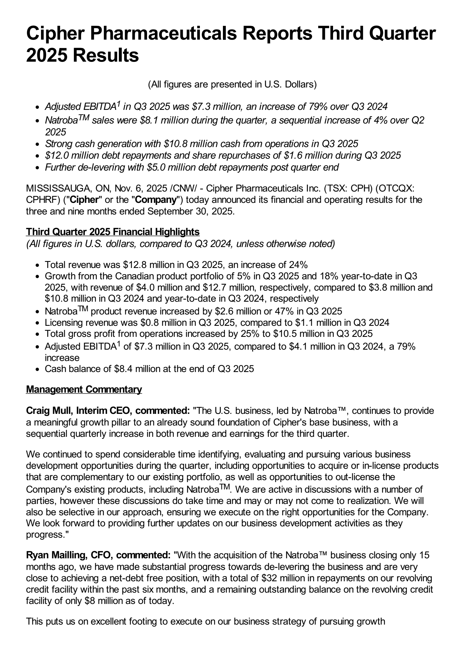 Cipher Pharmaceuticals' Q3 2025 Earnings Release
