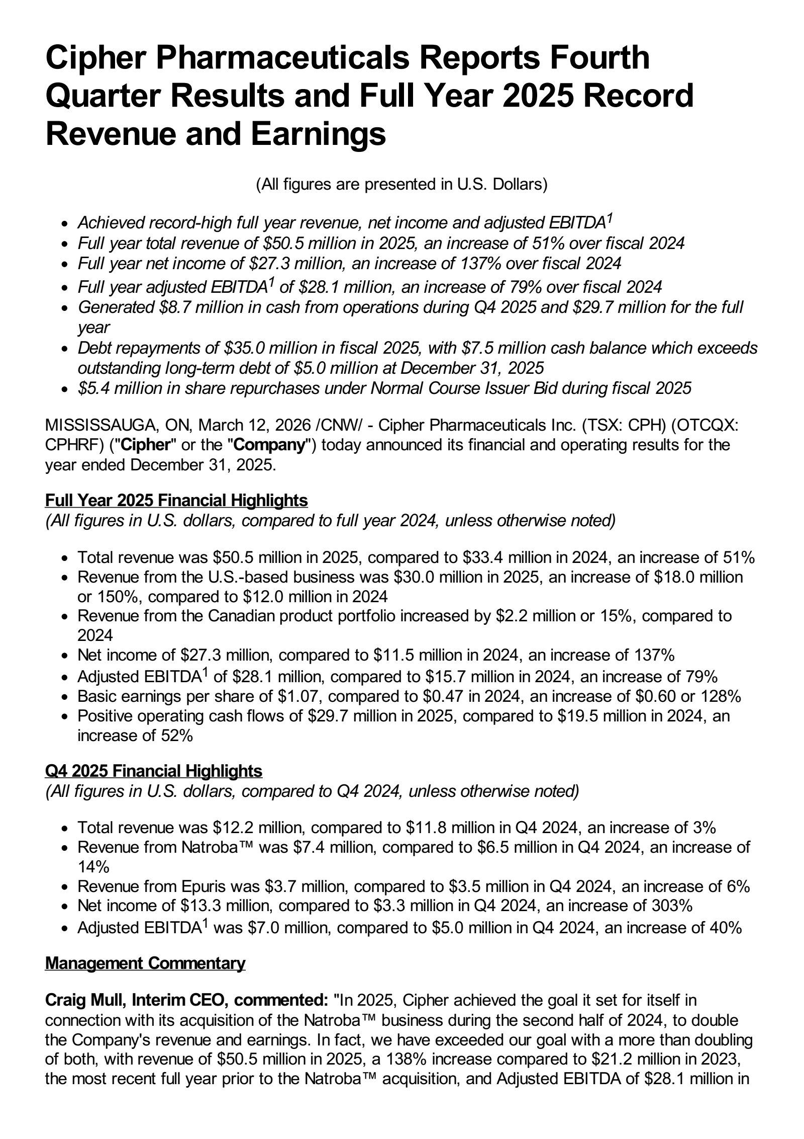 Cipher Pharmaceuticals' Q4 2025 Press Release