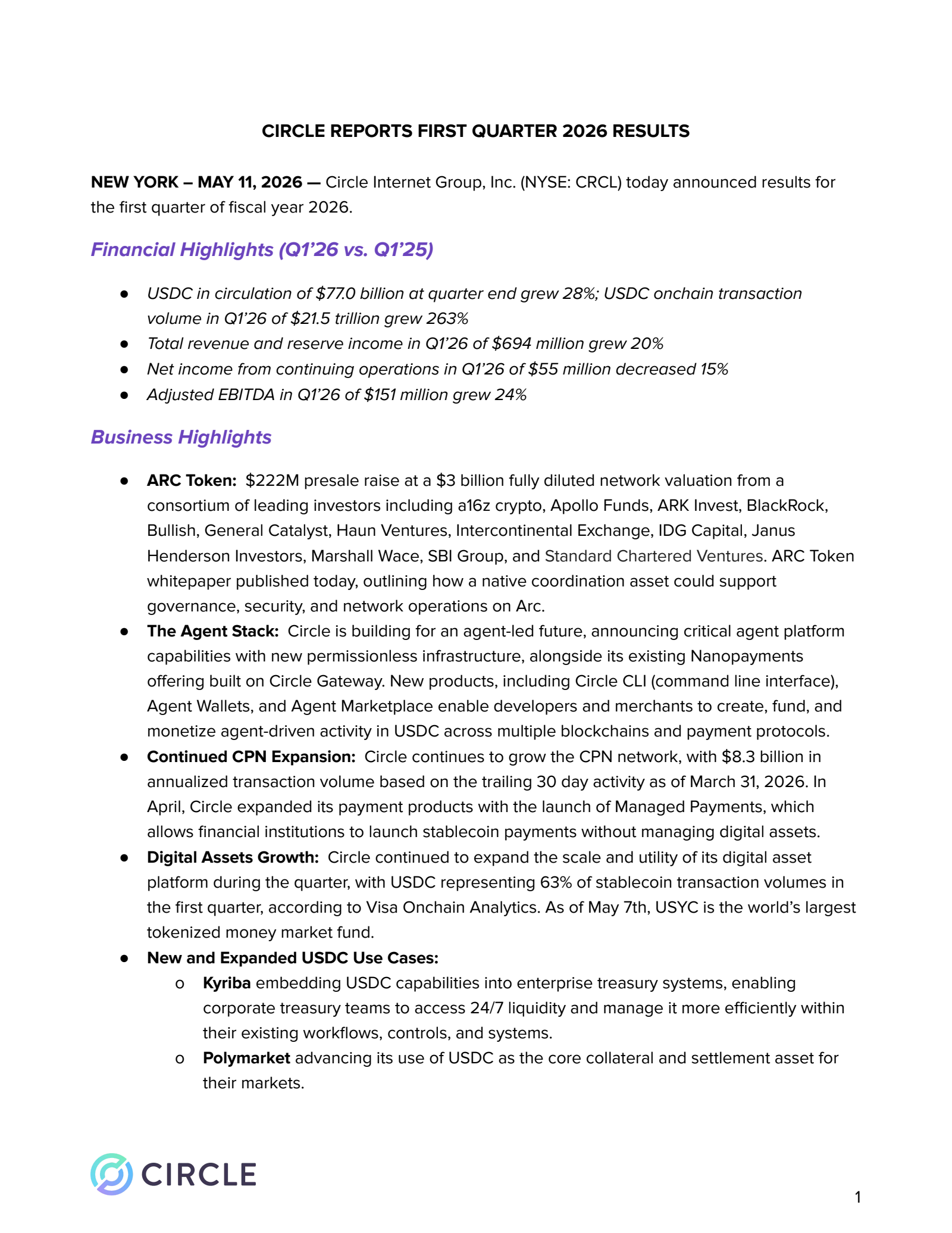 Circle Internet Group's Q1 2026 Press Release