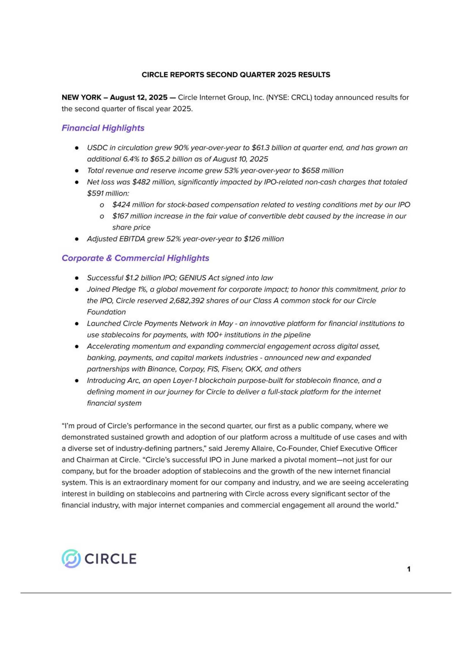 Circle Internet Group's Q2 2025 Press Release