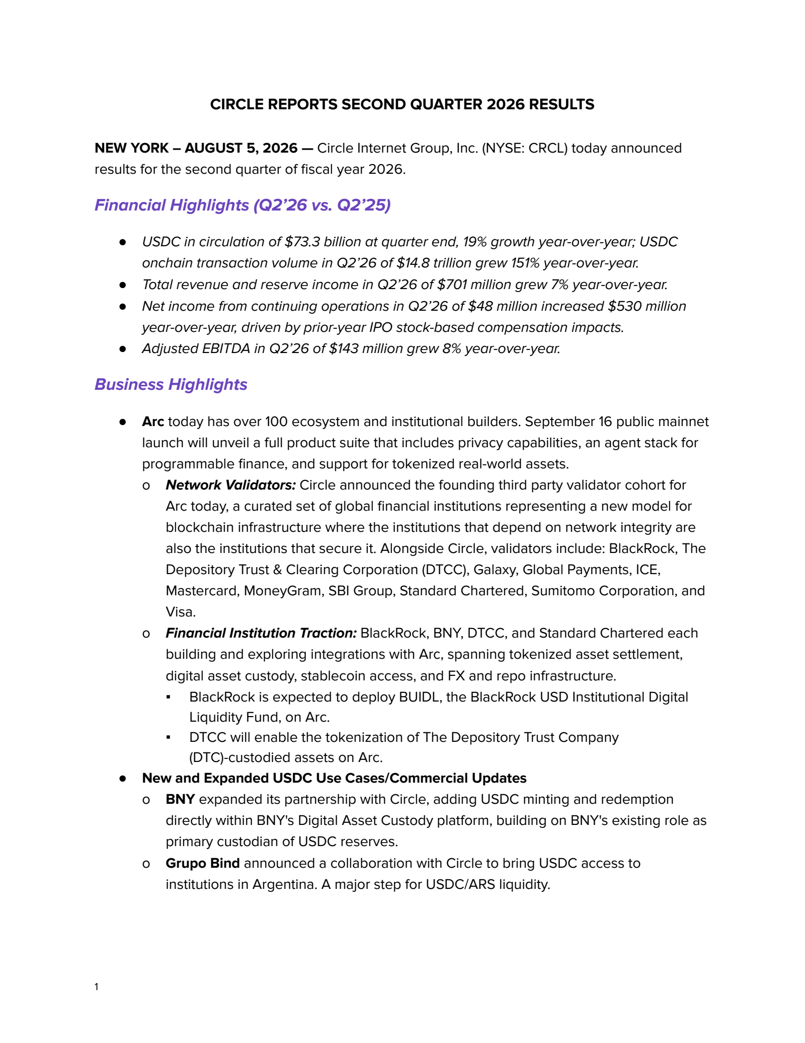 Circle Internet Group's Q2 2026 Press Release