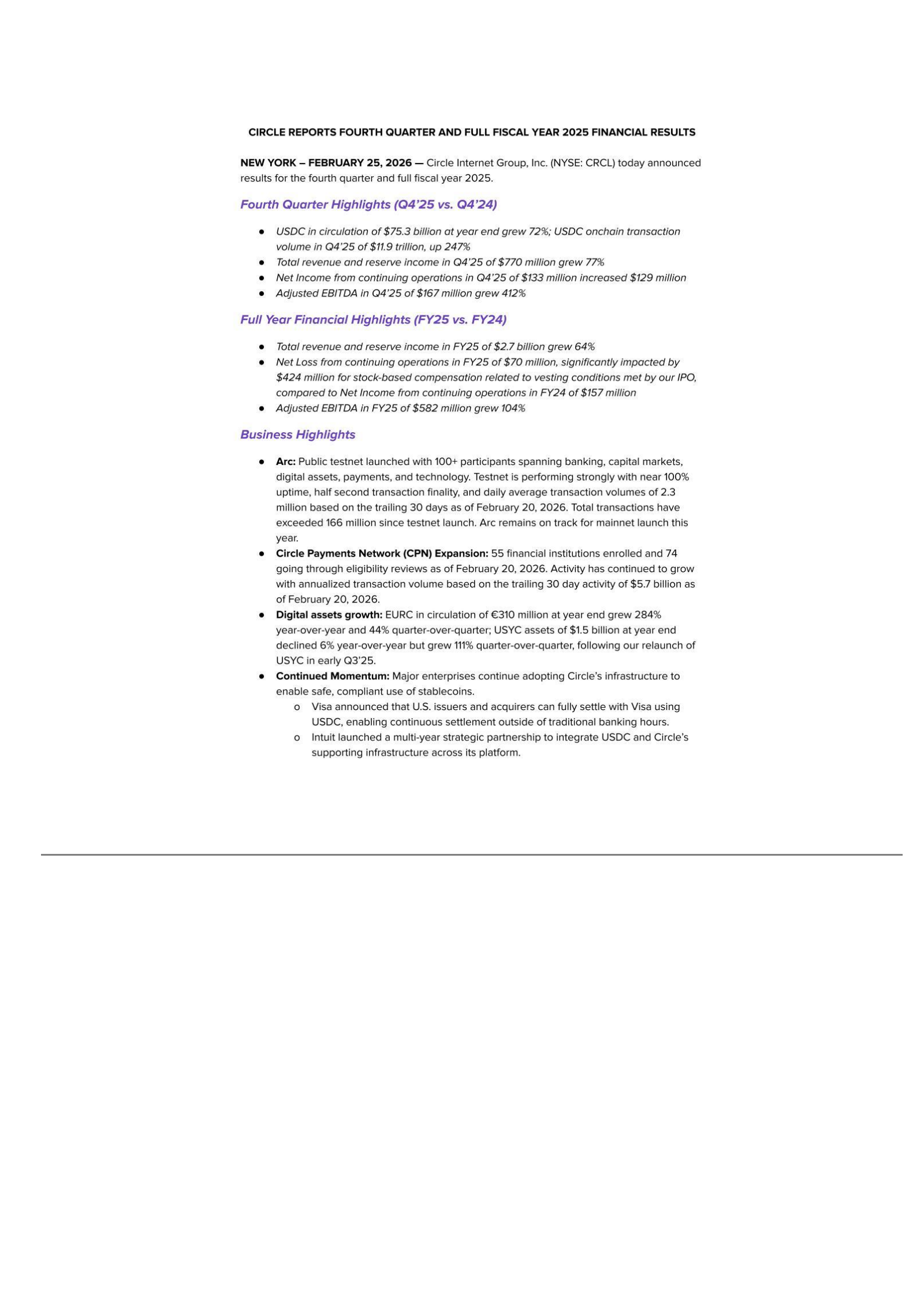 Circle Internet Group's Q4 2025 Press Release