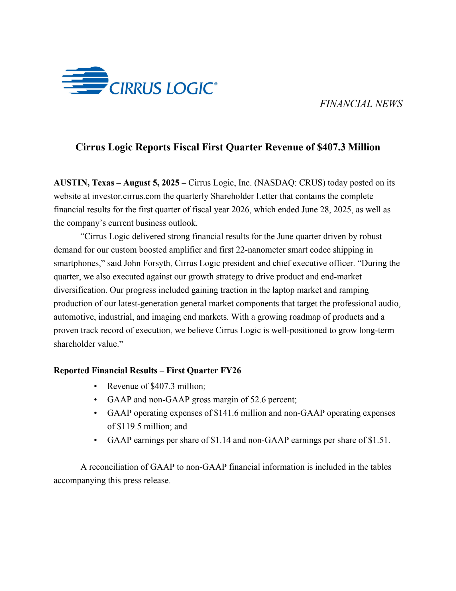 Cirrus Logic's Q1 2026 Earnings Release