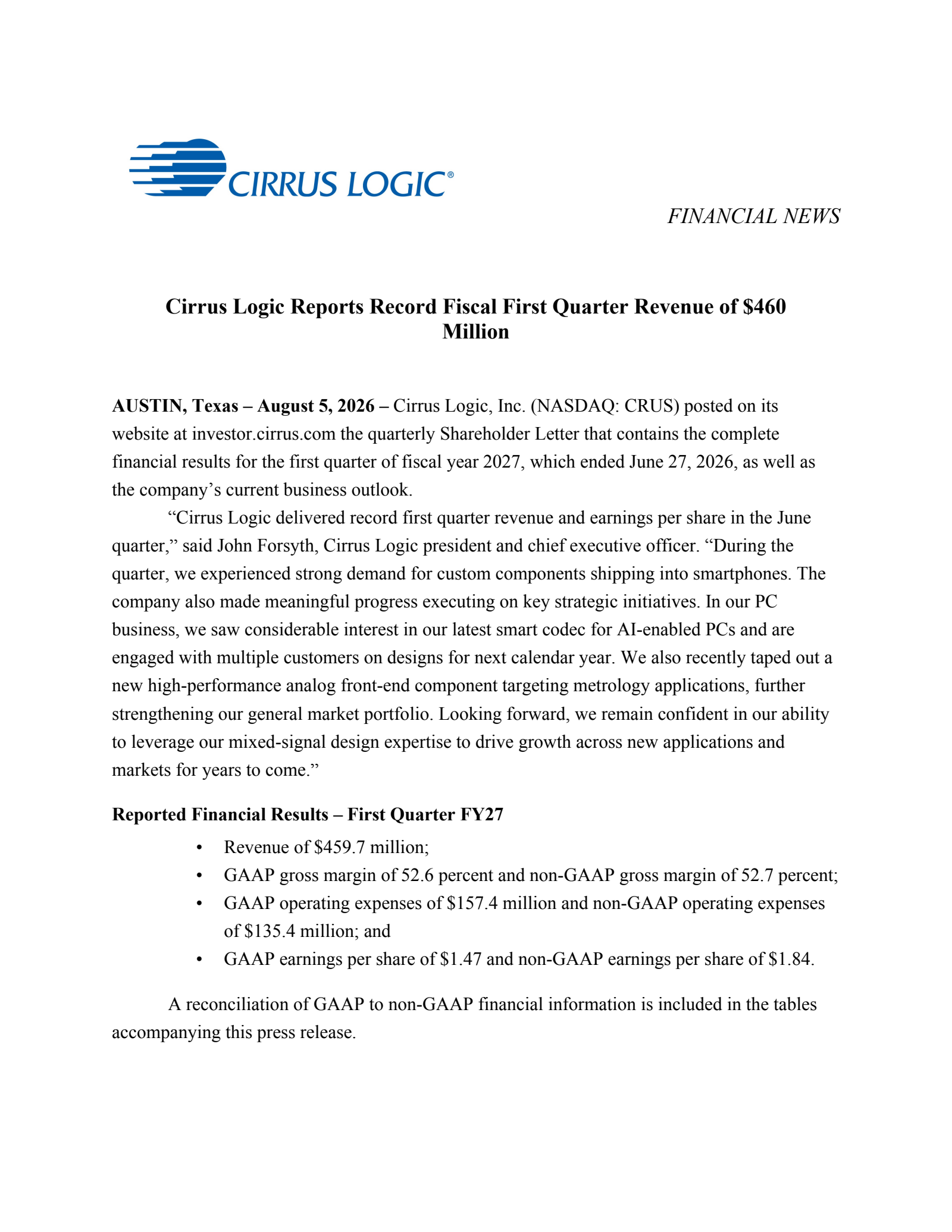 Cirrus Logic's Q1 2027 Press Release