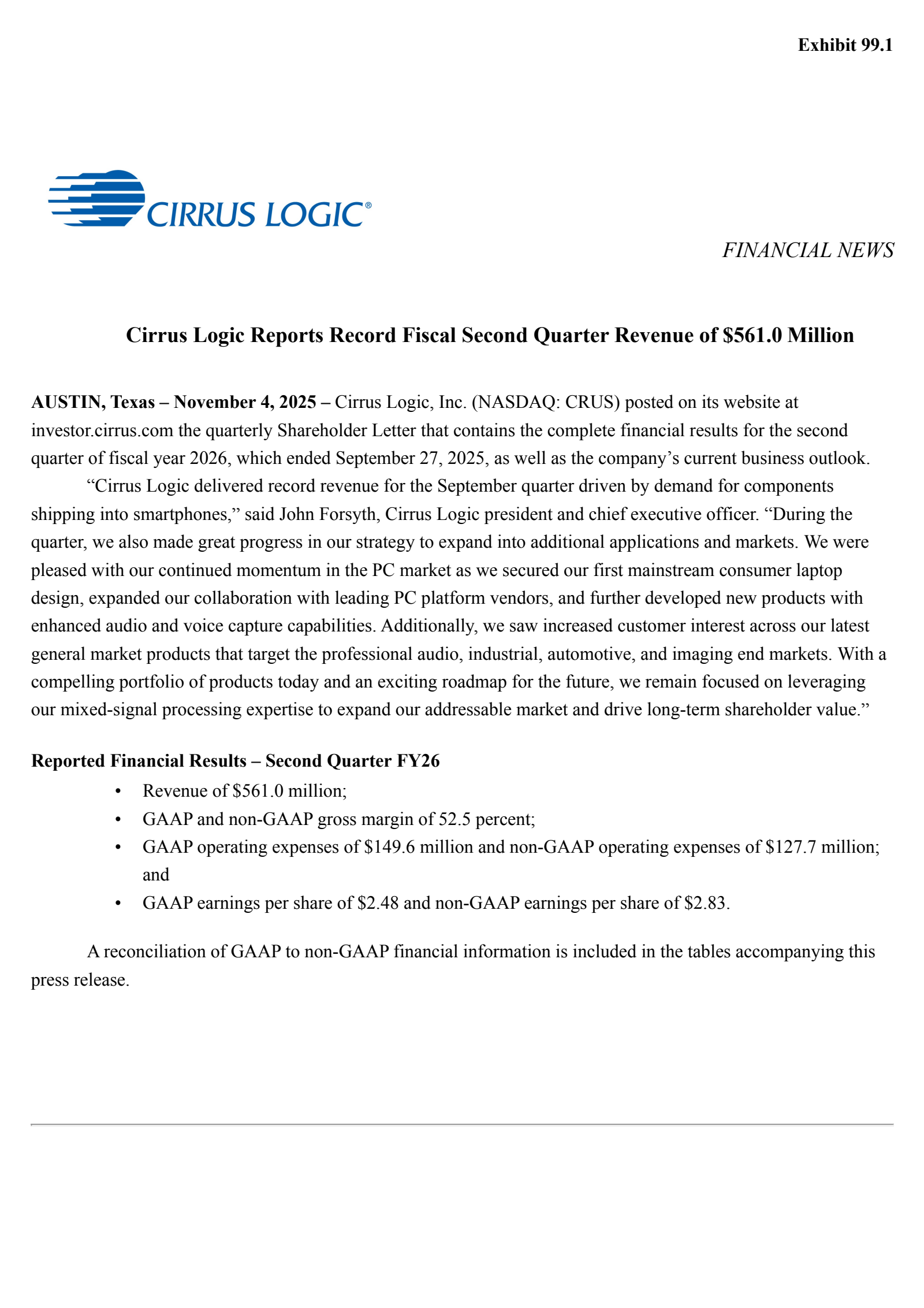 Cirrus Logic's Q2 2026 Earnings Release