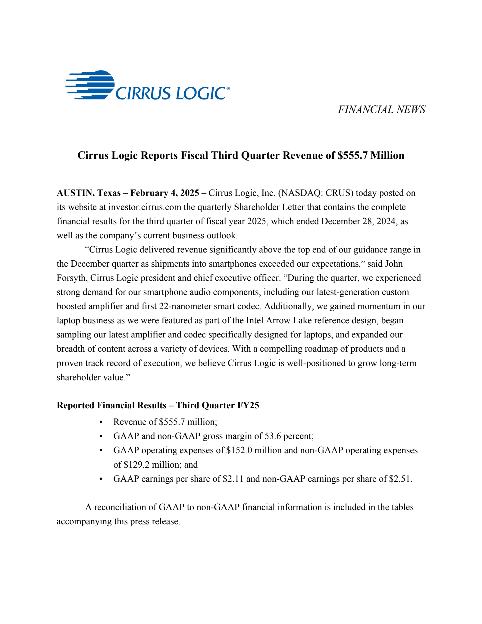 Cirrus Logic's Q3 2025 Earnings Release
