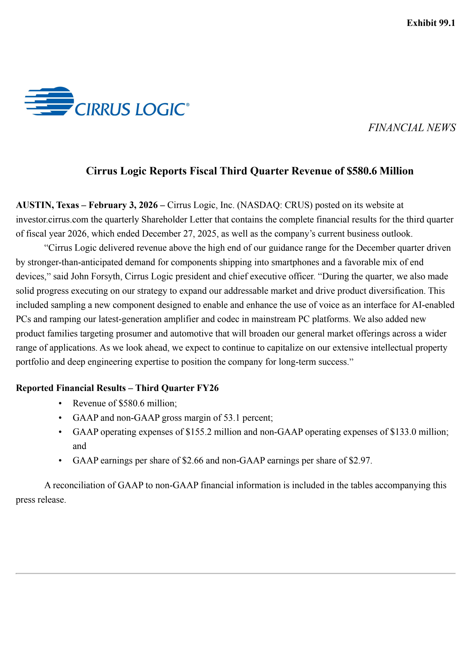 Cirrus Logic's Q3 2026 Press Release