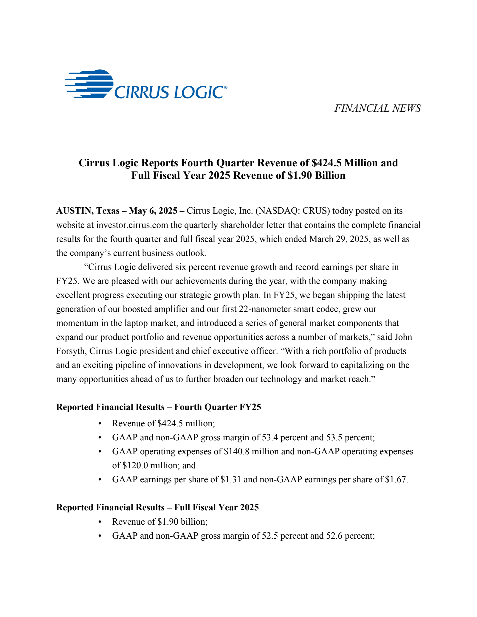 Cirrus Logic's Q4 2025 Earnings Release