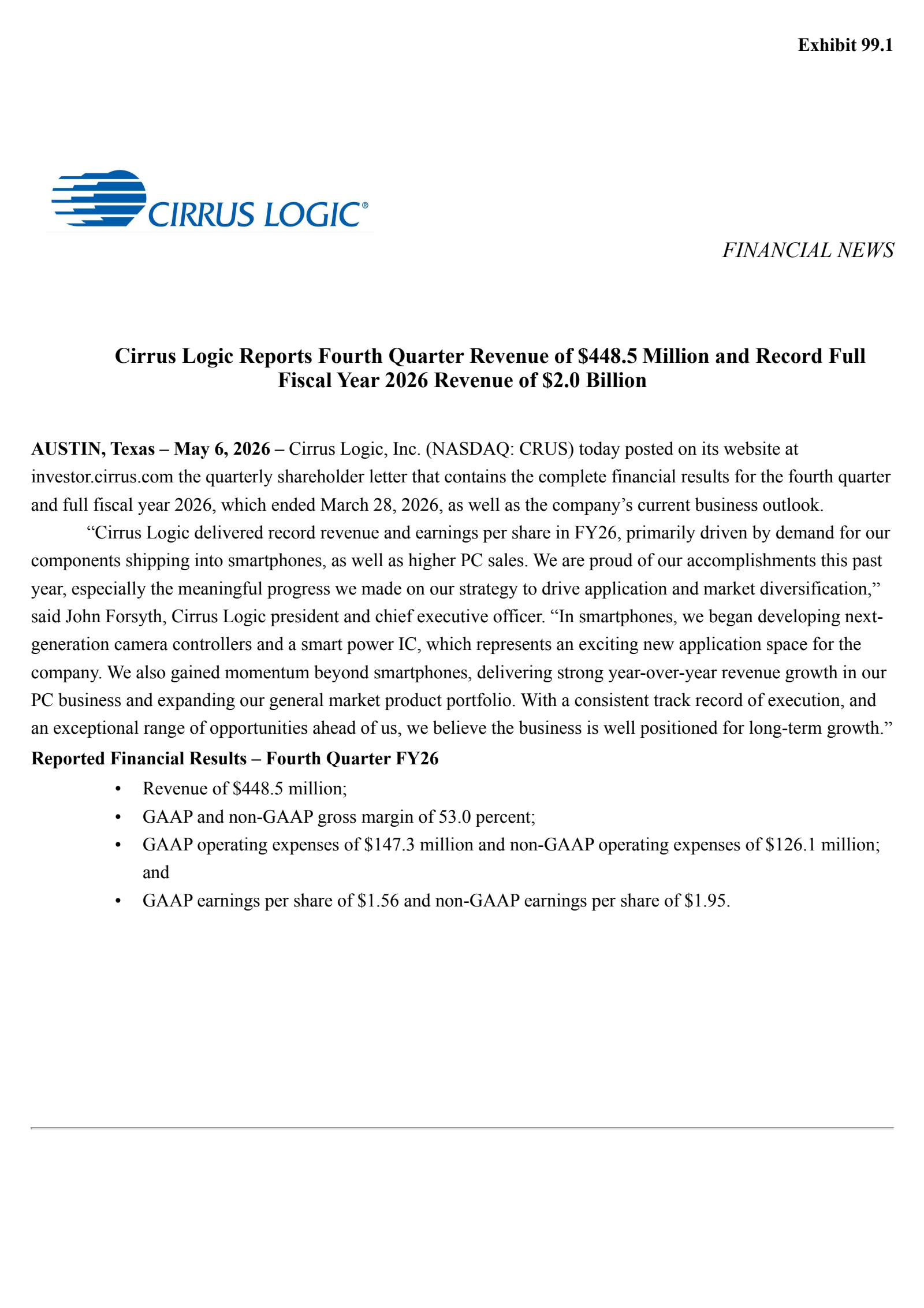 Cirrus Logic's Q4 2026 Press Release