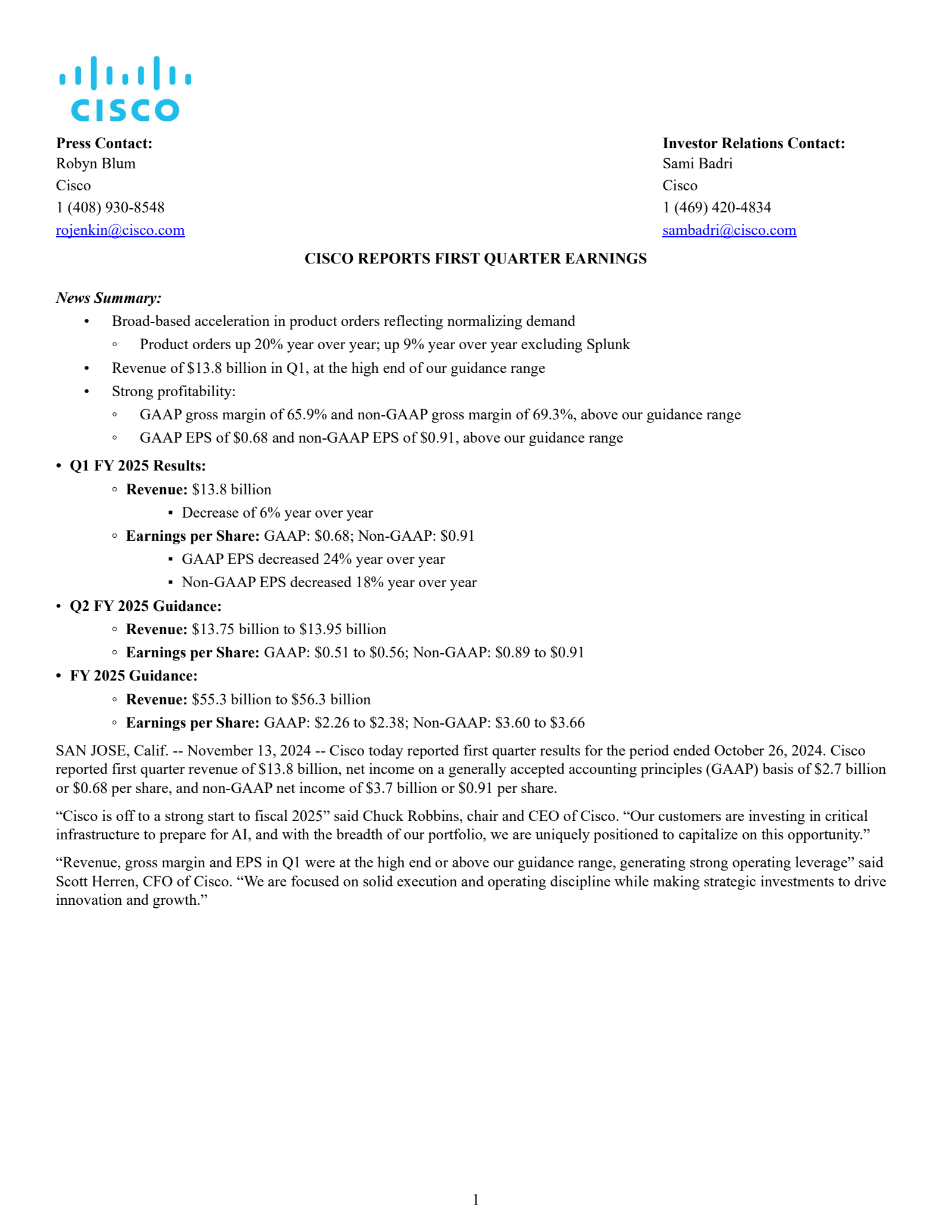 Cisco Systems' Q1 2025 Press Release