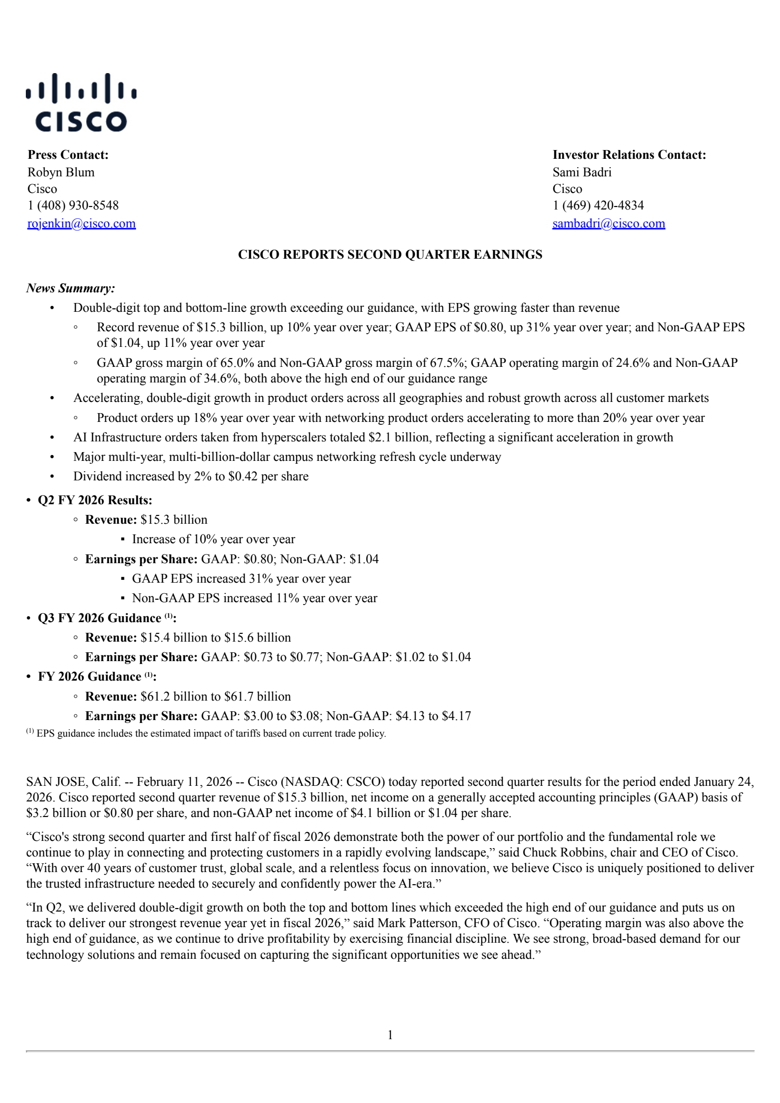 Cisco Systems' Q2 2026 Press Release
