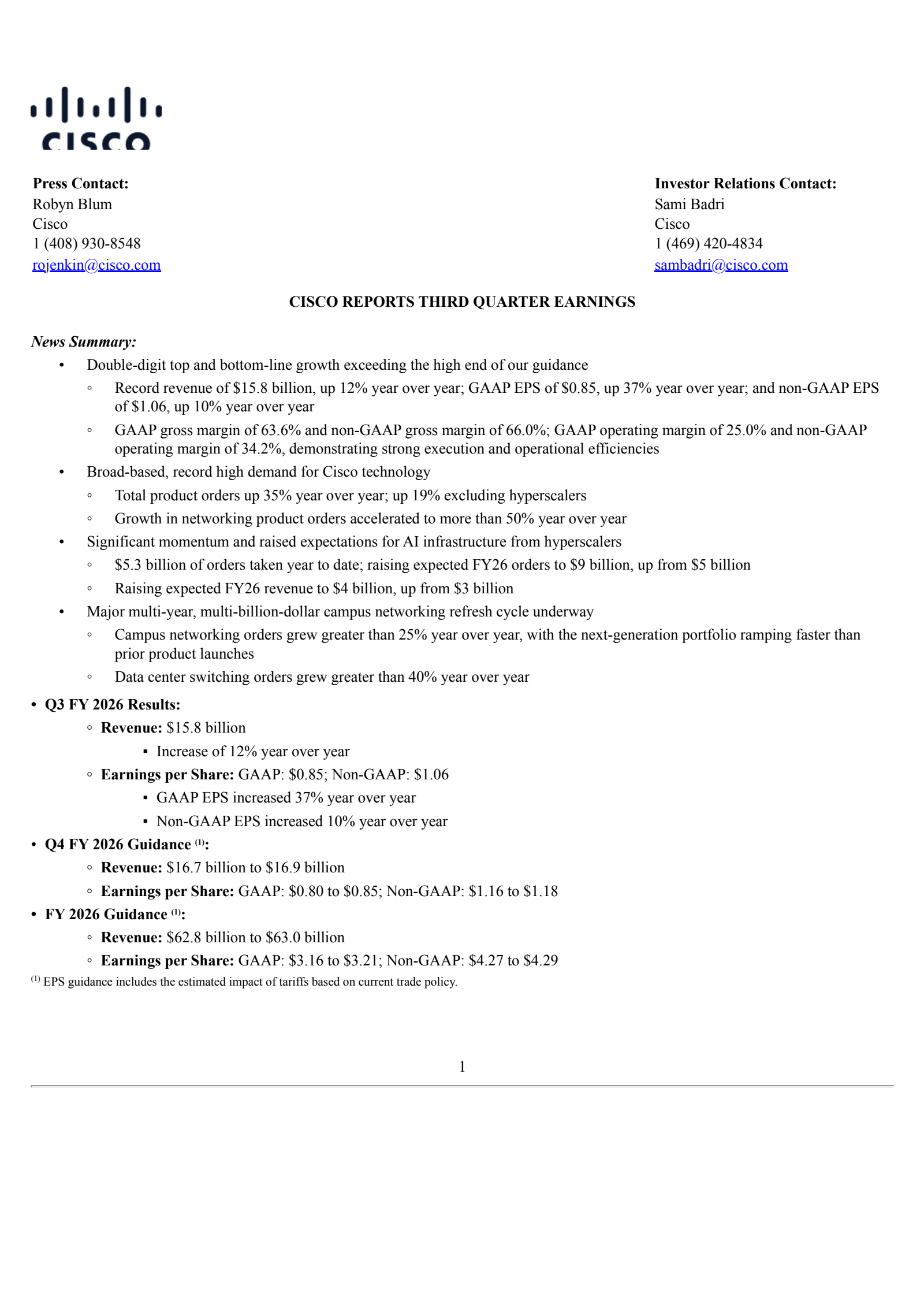 Cisco Systems' Q3 2026 Press Release