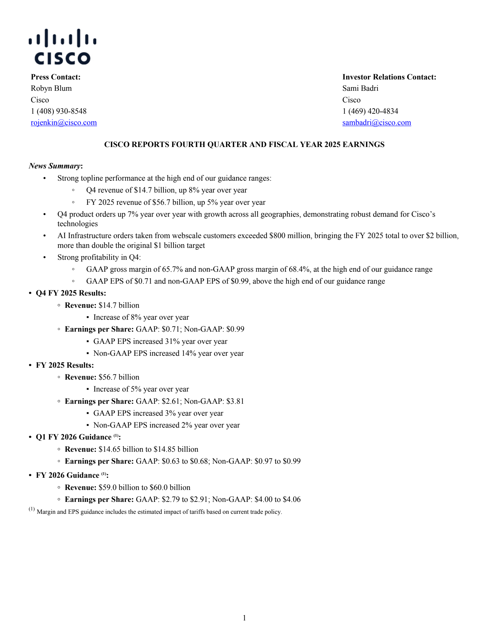 Cisco Systems' Q4 2025 Press Release
