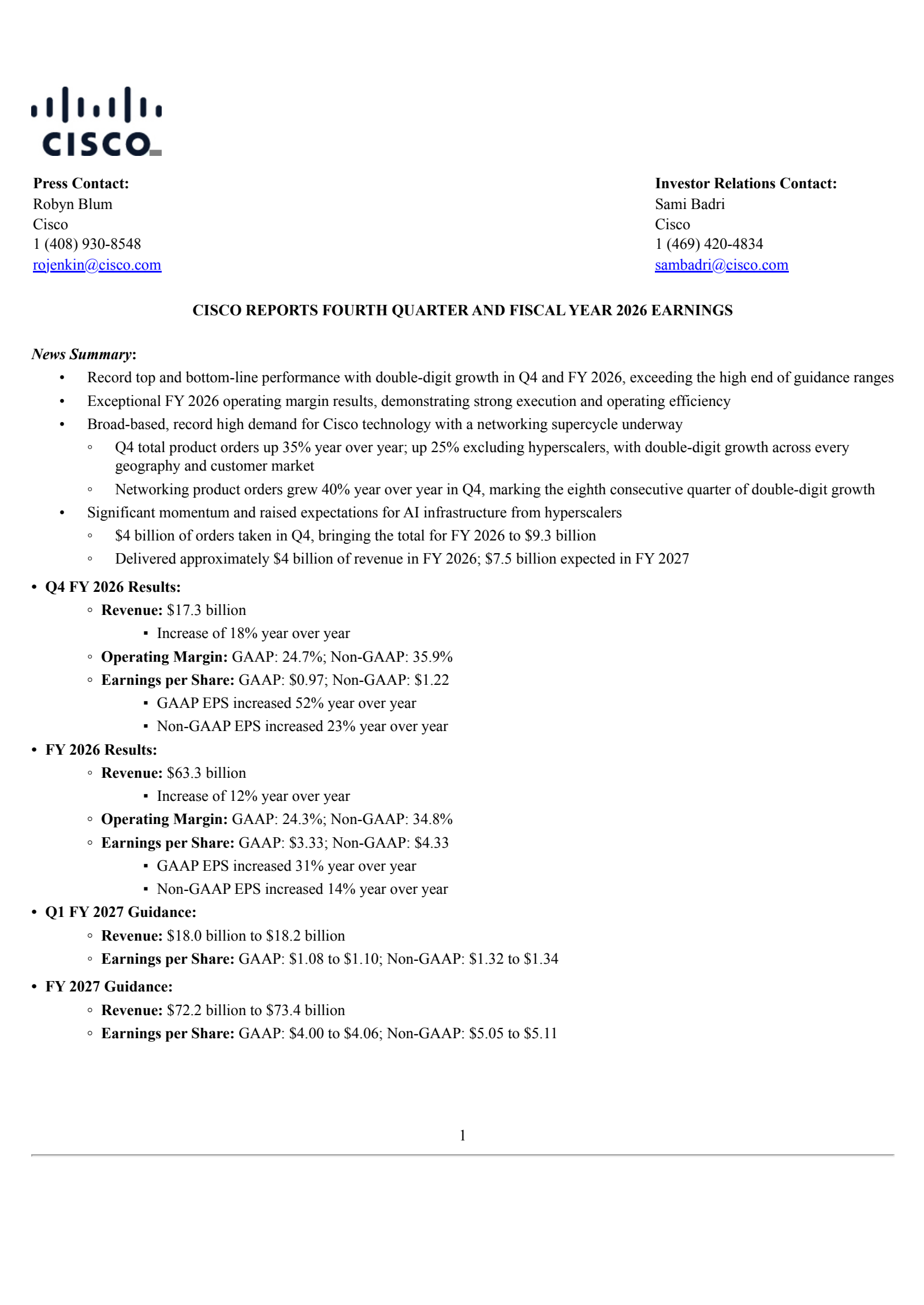 Cisco Systems' Q4 2026 Press Release