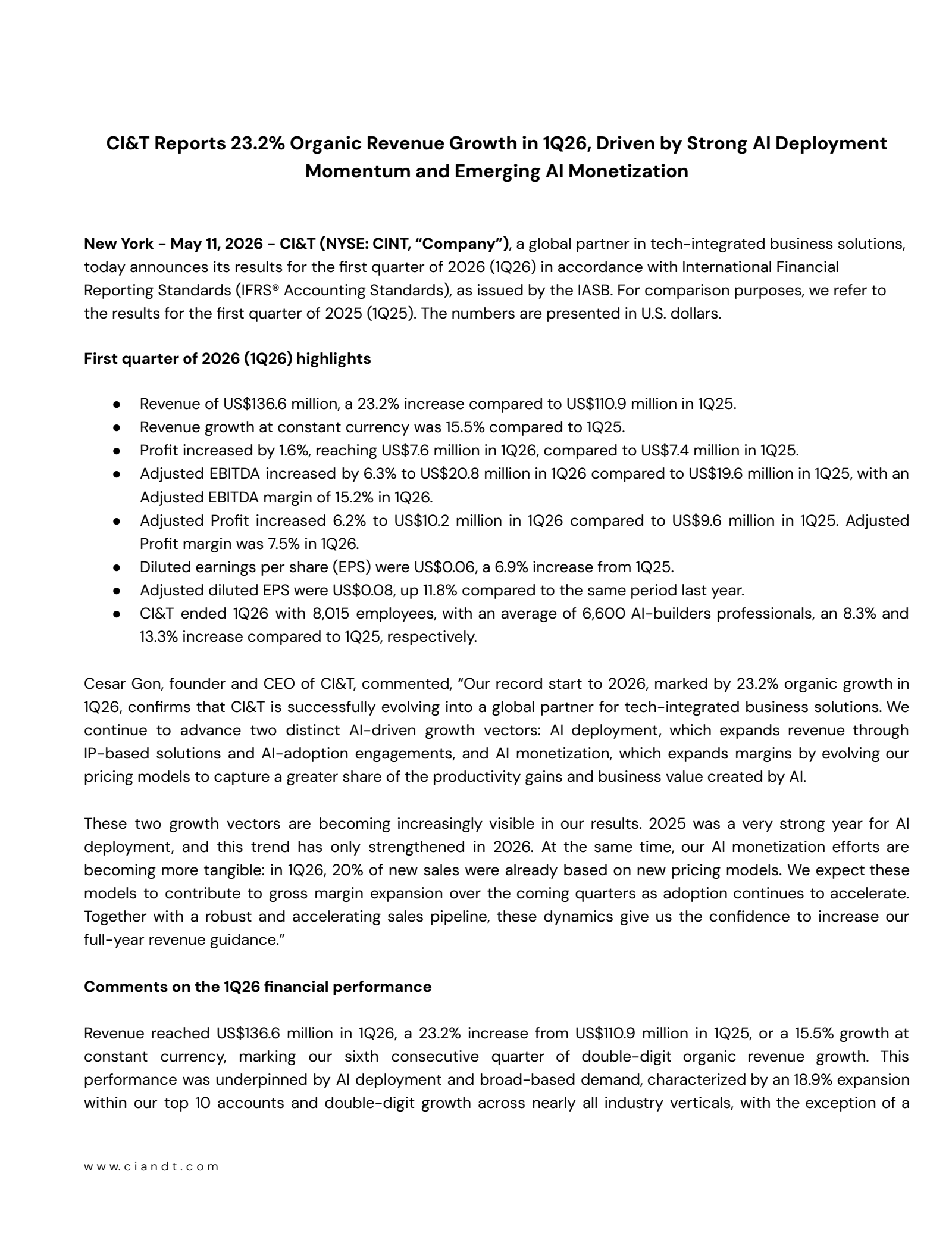 CI&T's Q1 2026 Press Release