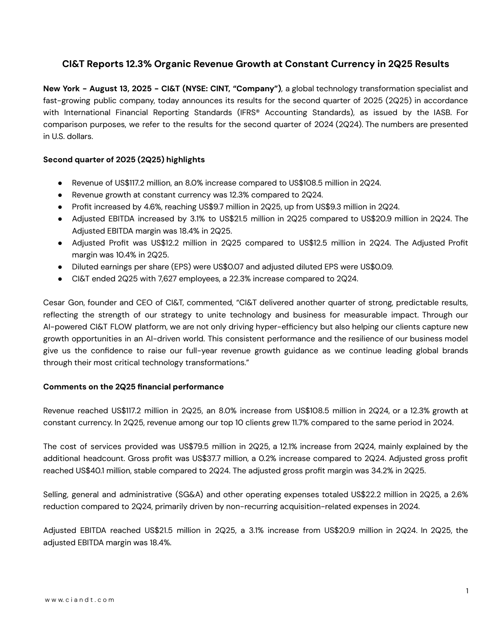 CI&T's Q2 2025 Press Release