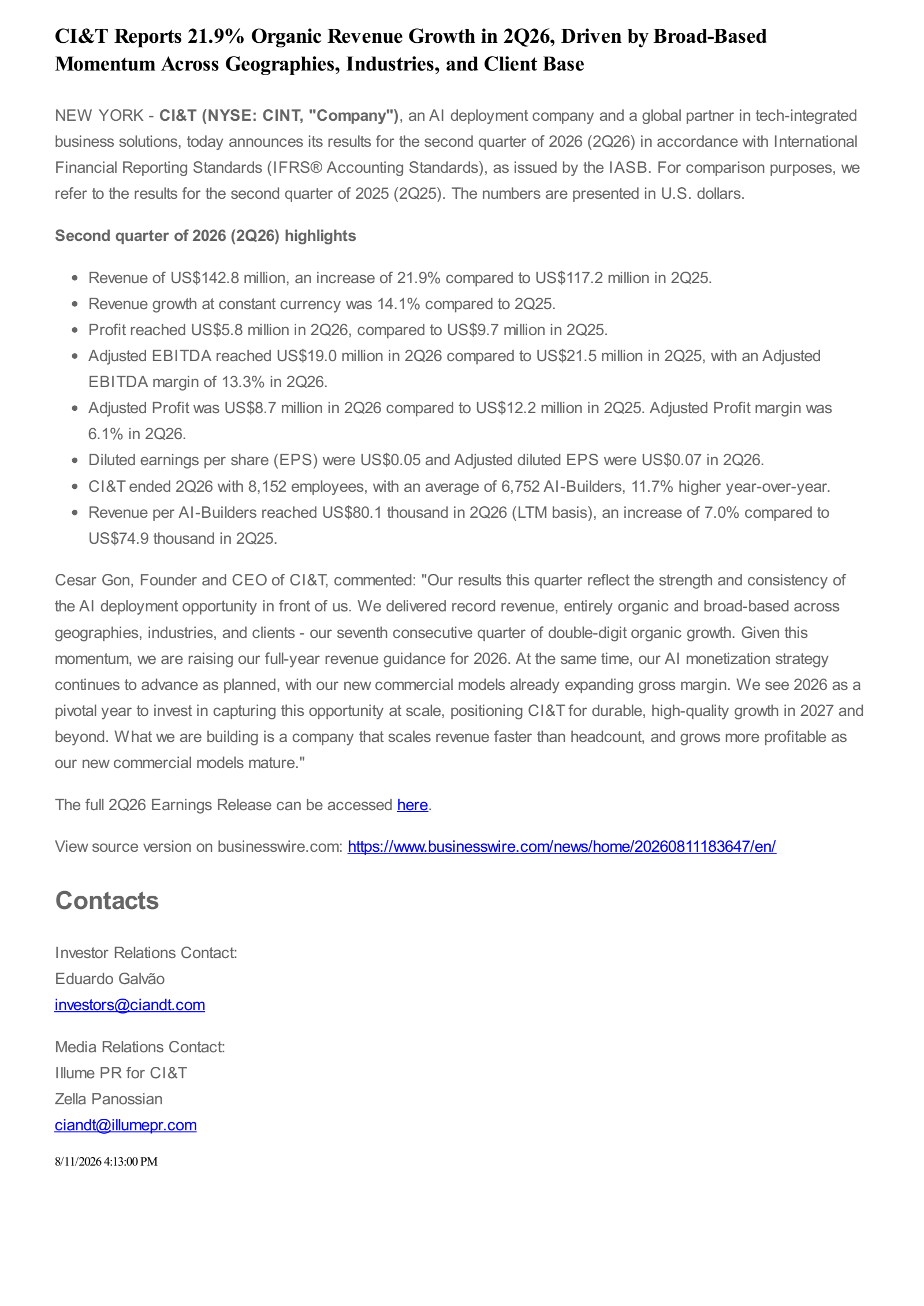 CI&T's Q2 2026 Press Release
