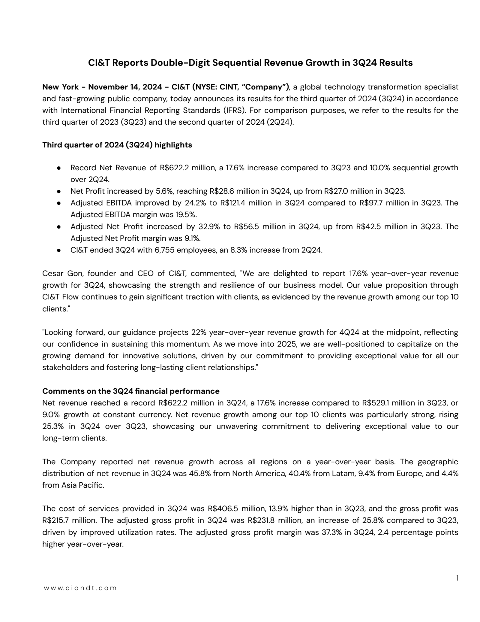 CI&T's Q3 2024 Press Release