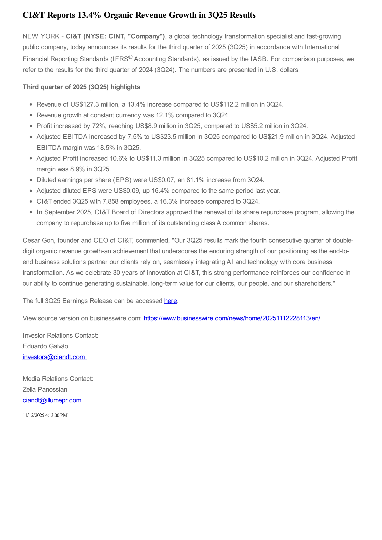 CI&T's Q3 2025 Earnings Release