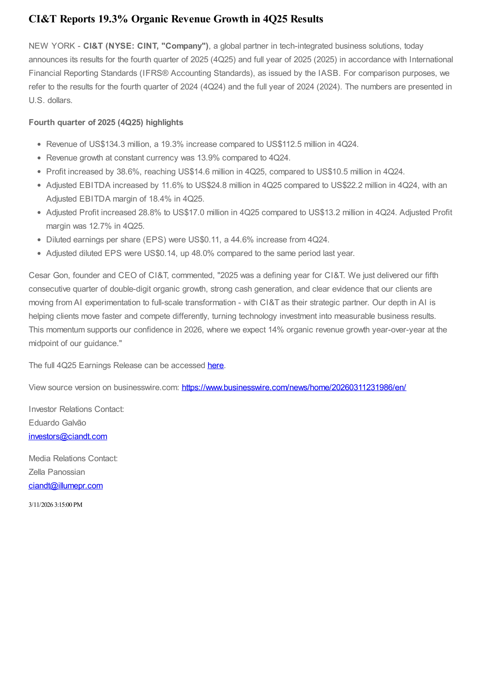 CI&T's Q4 2025 Press Release