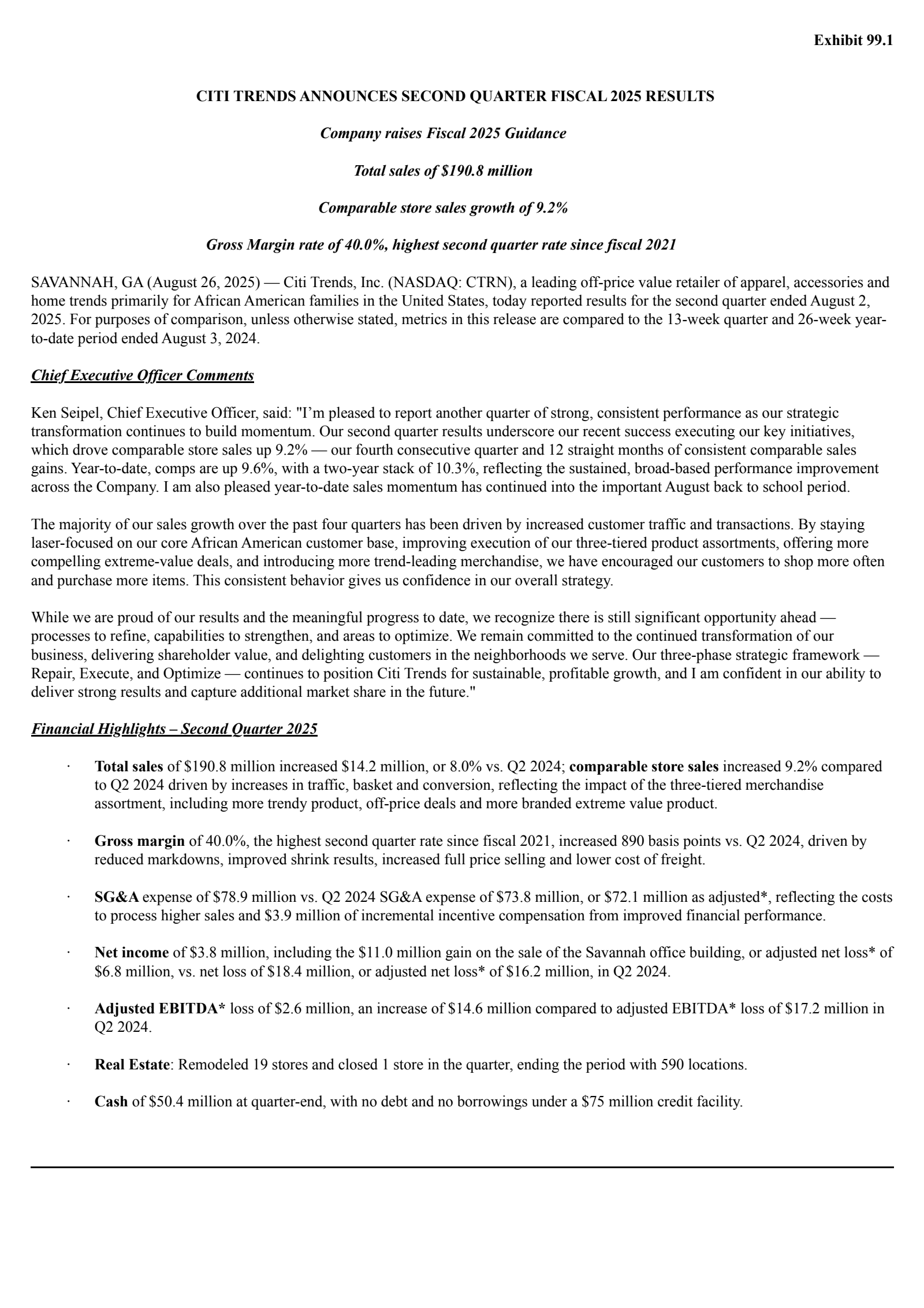 Citi Trends' Q2 2026 Press Release