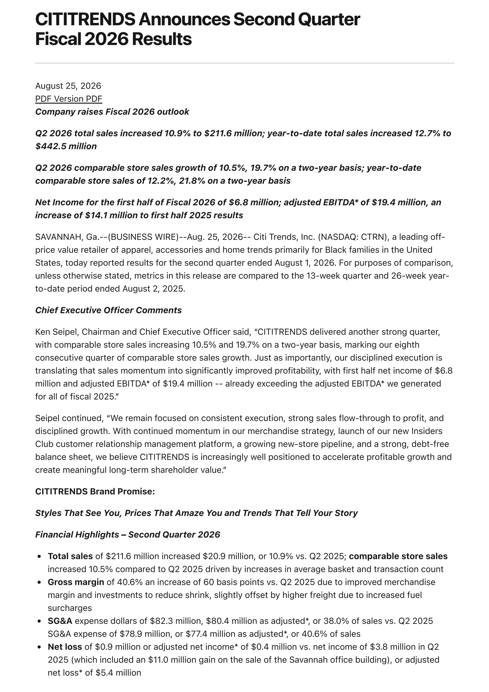 Citi Trends' Q2 2027 Press Release