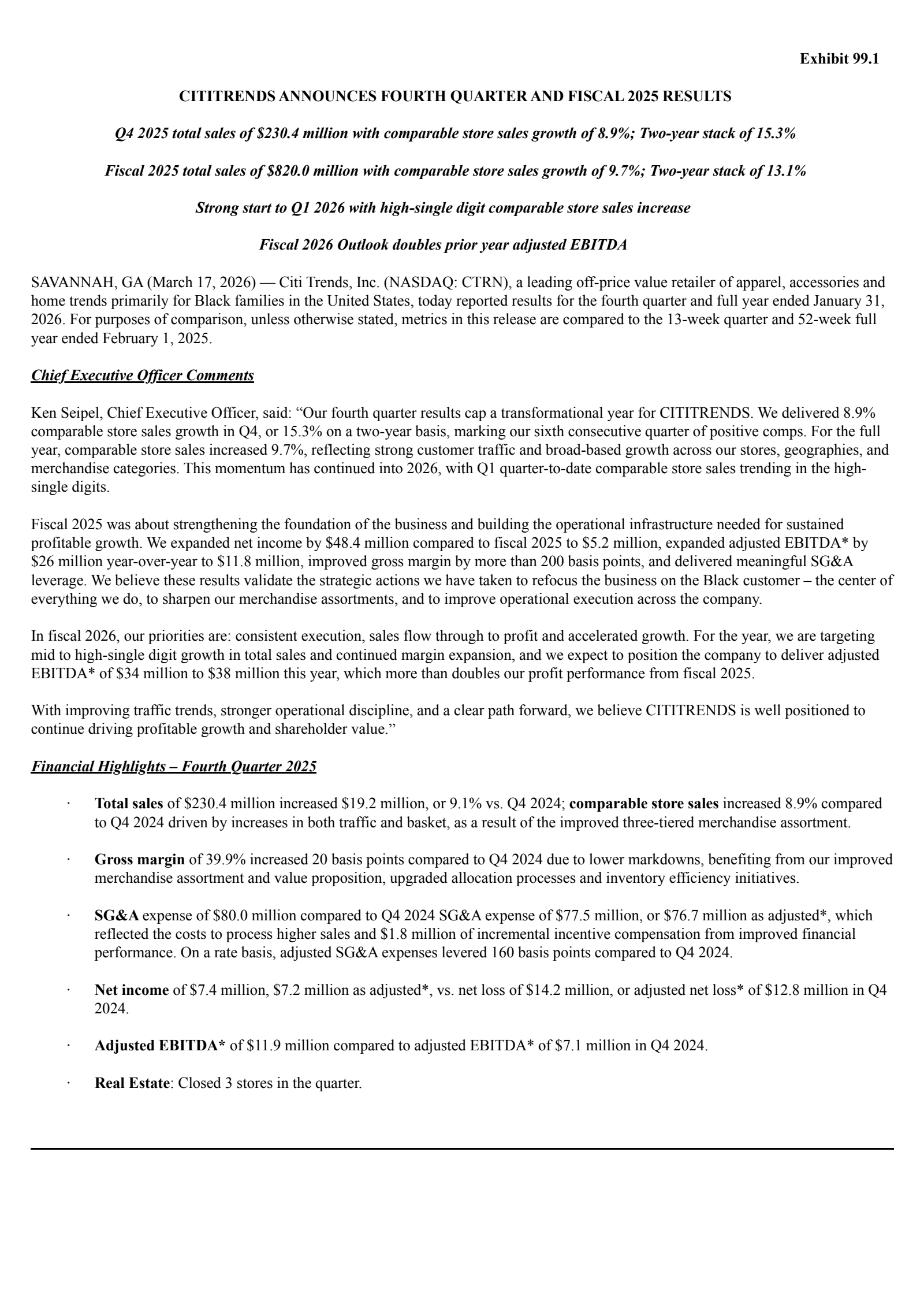 Citi Trends' Q4 2026 Press Release