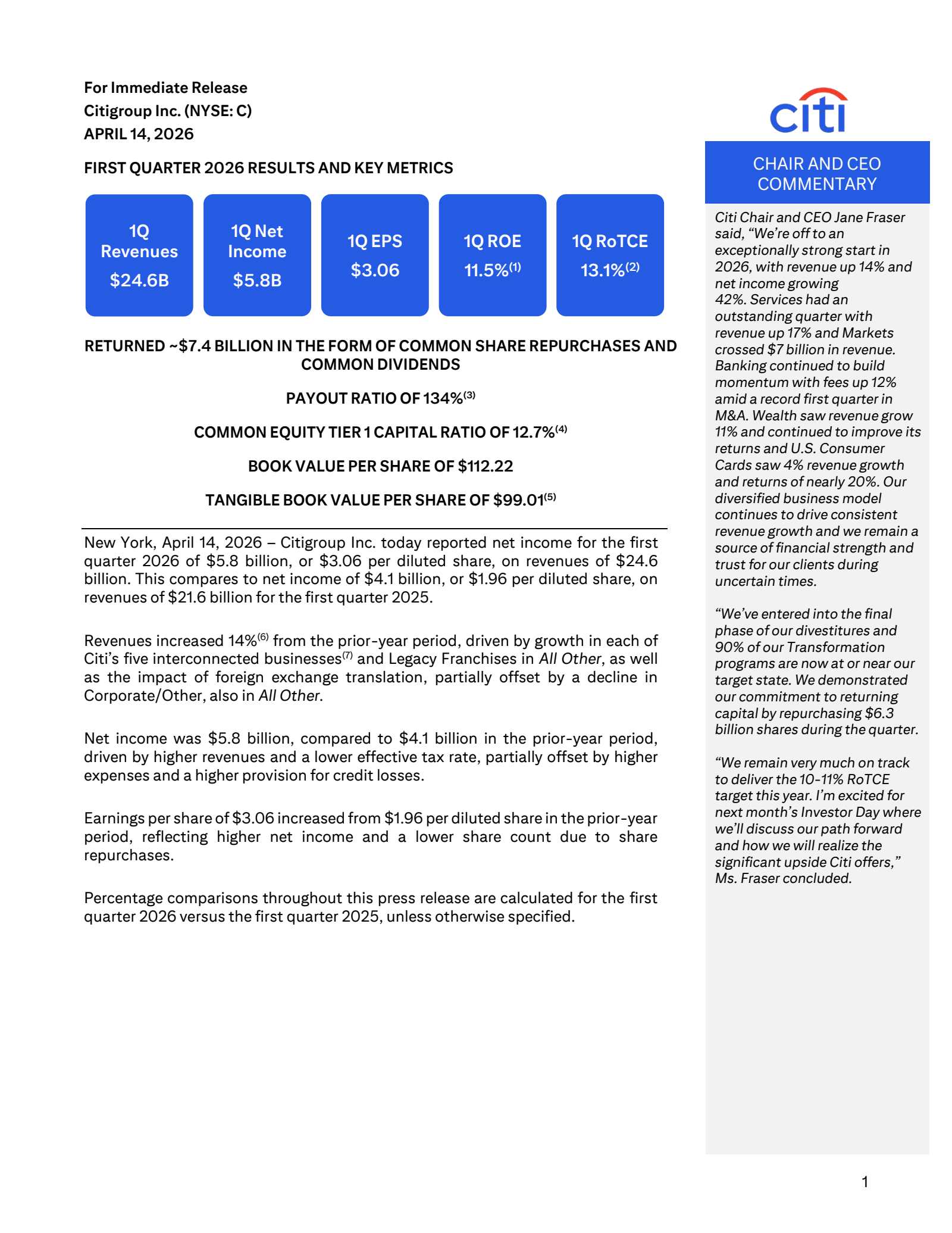Citigroup's Q1 2026 Press Release