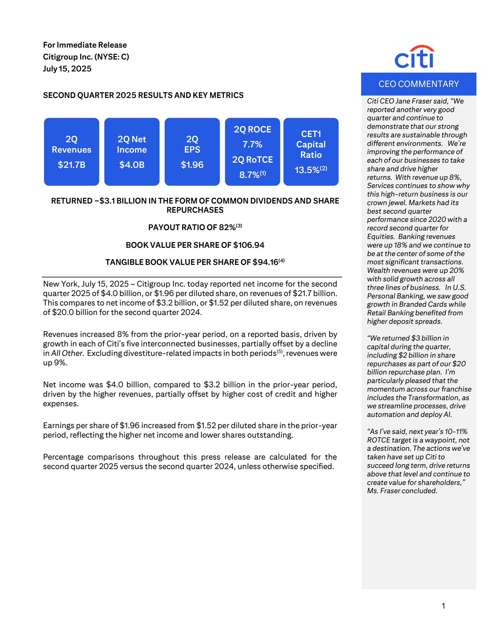 Citigroup's Q2 2025 Press Release