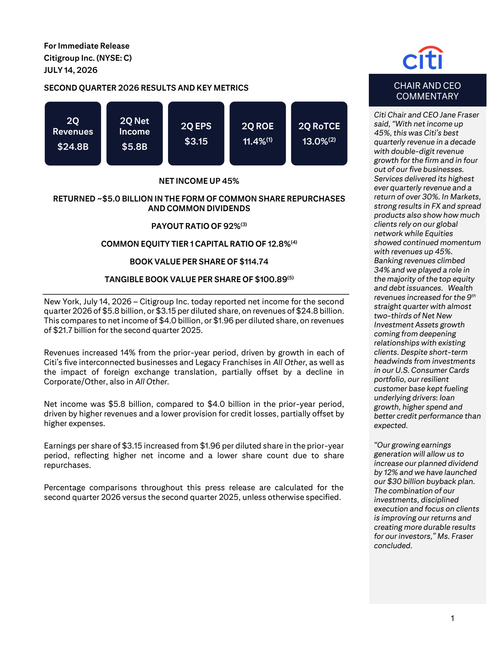 Citigroup's Q2 2026 Press Release