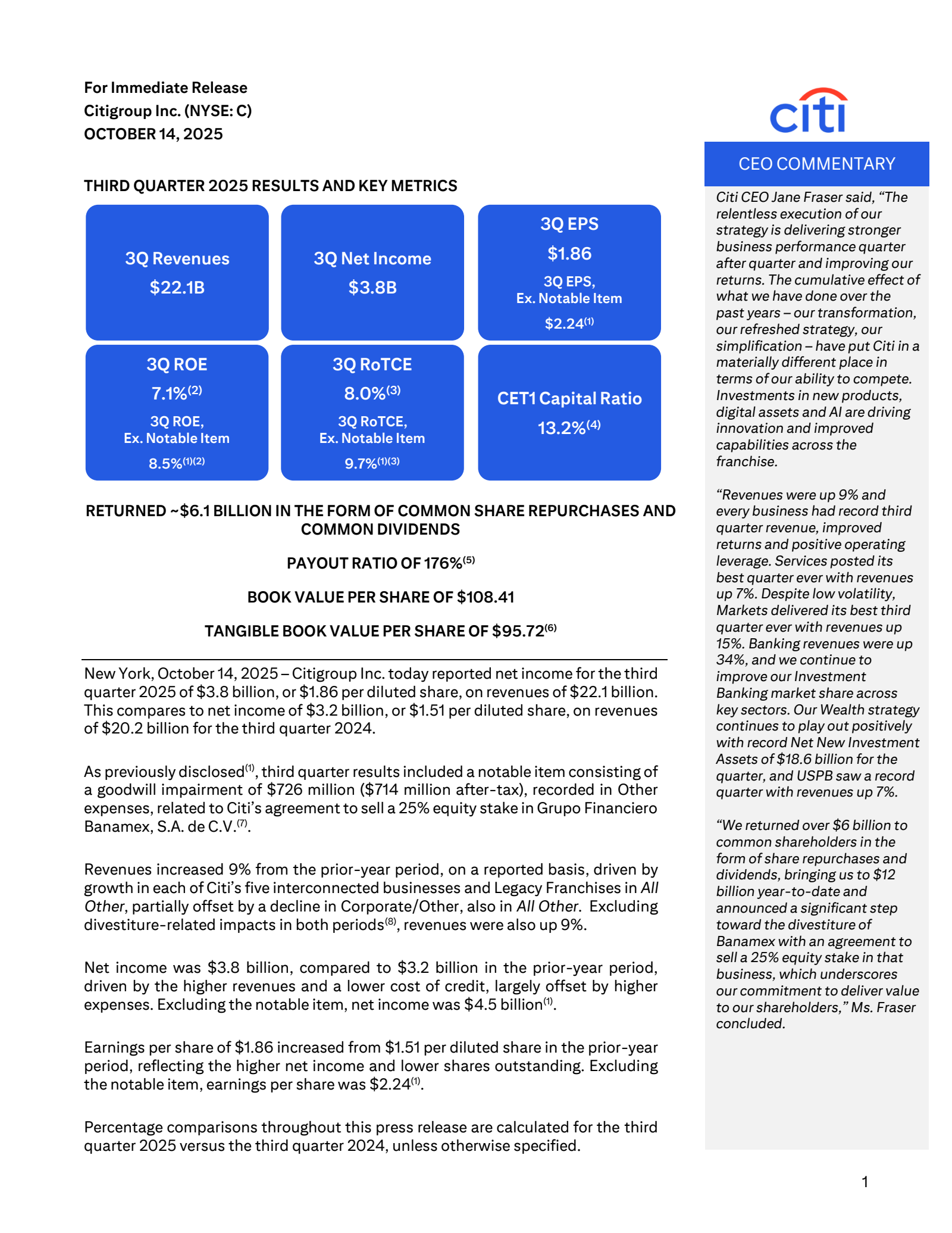 Citigroup's Q3 2025 Earnings Release