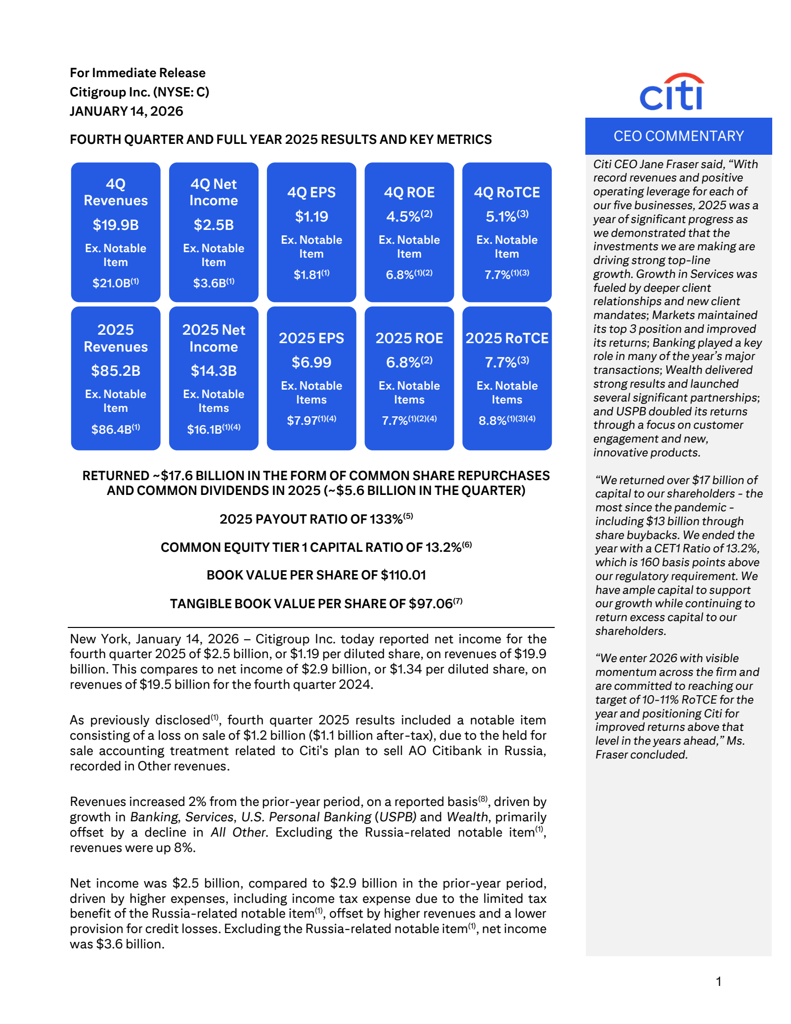 Citigroup's Q4 2025 Press Release