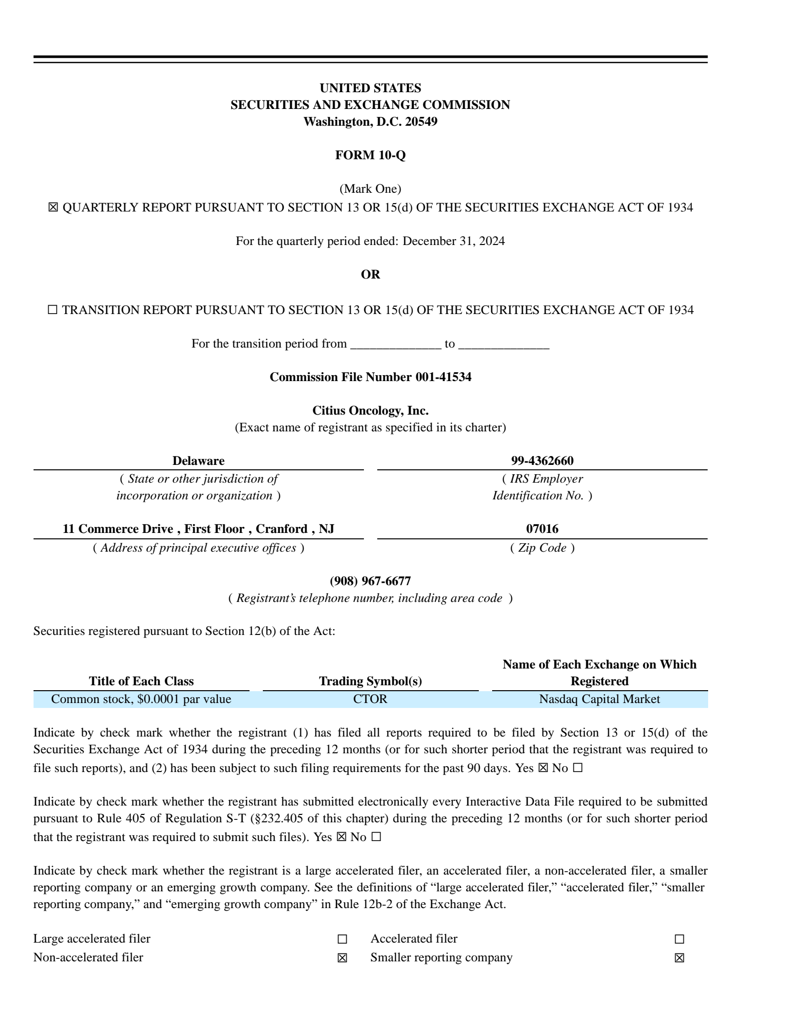Citius Oncology's Q1 2025 Quarterly report