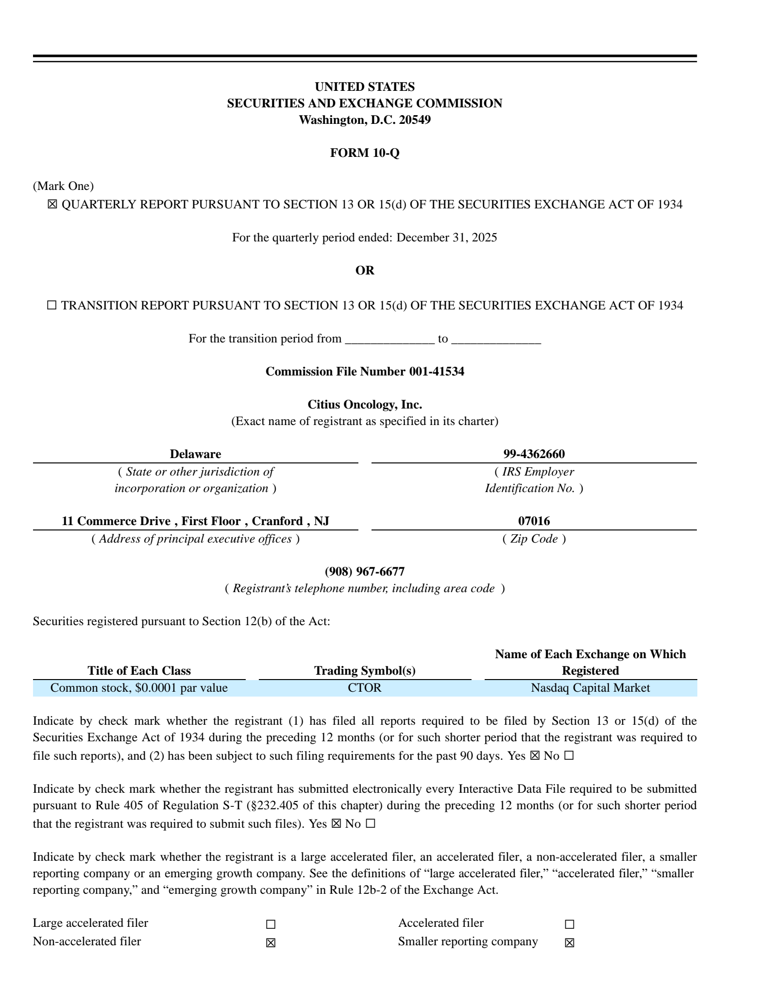 Citius Oncology's Q1 2026 Quarterly report