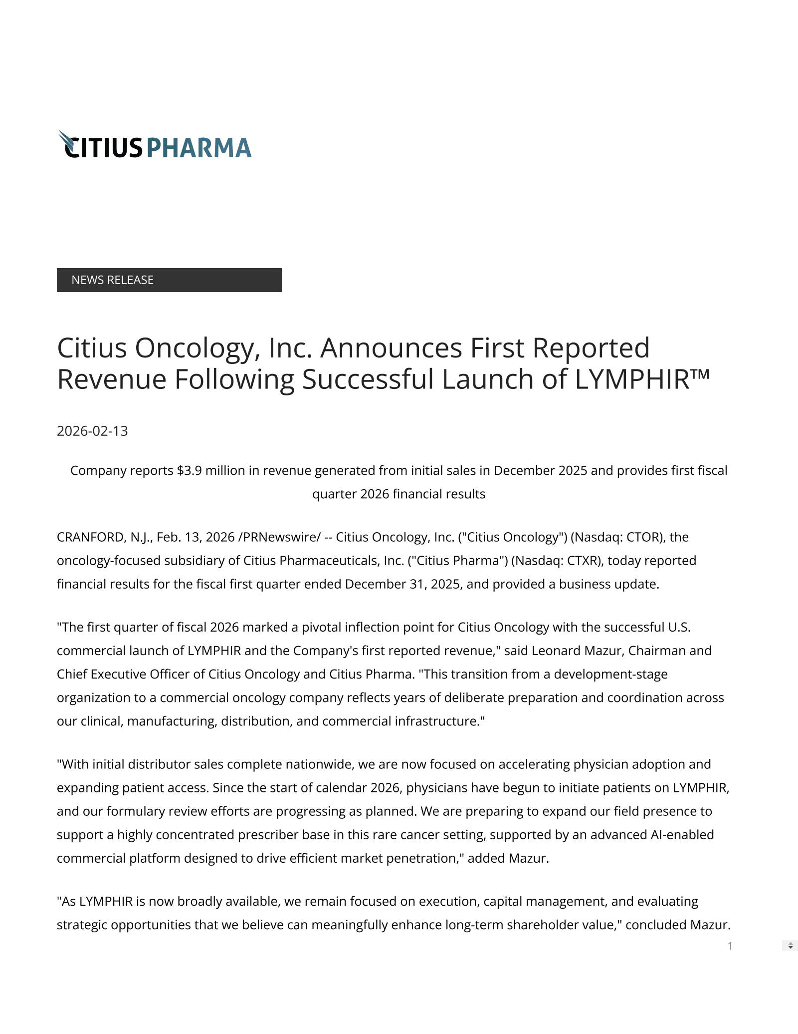 Citius Oncology's Q1 2026 Press Release