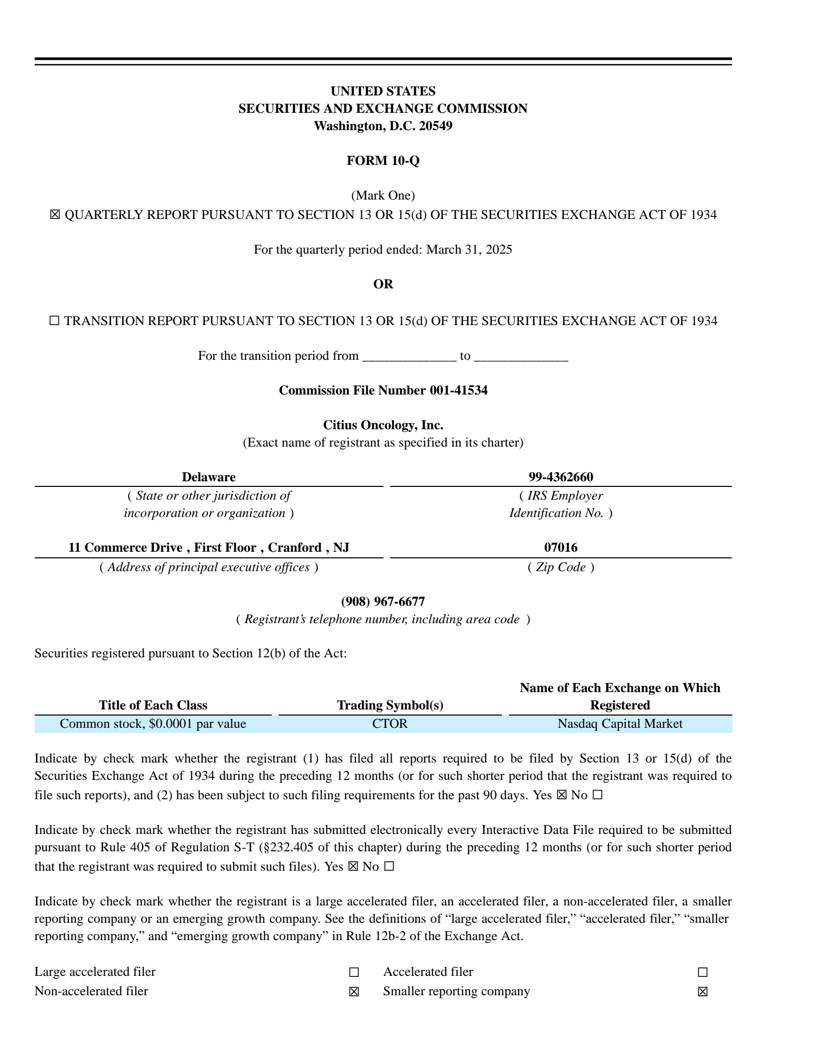 Citius Oncology's Q2 2025 Quarterly report
