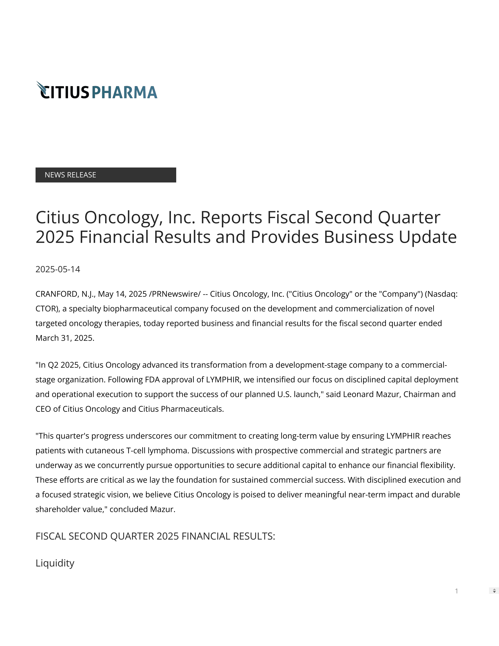 Citius Oncology's Q2 2025 Press Release
