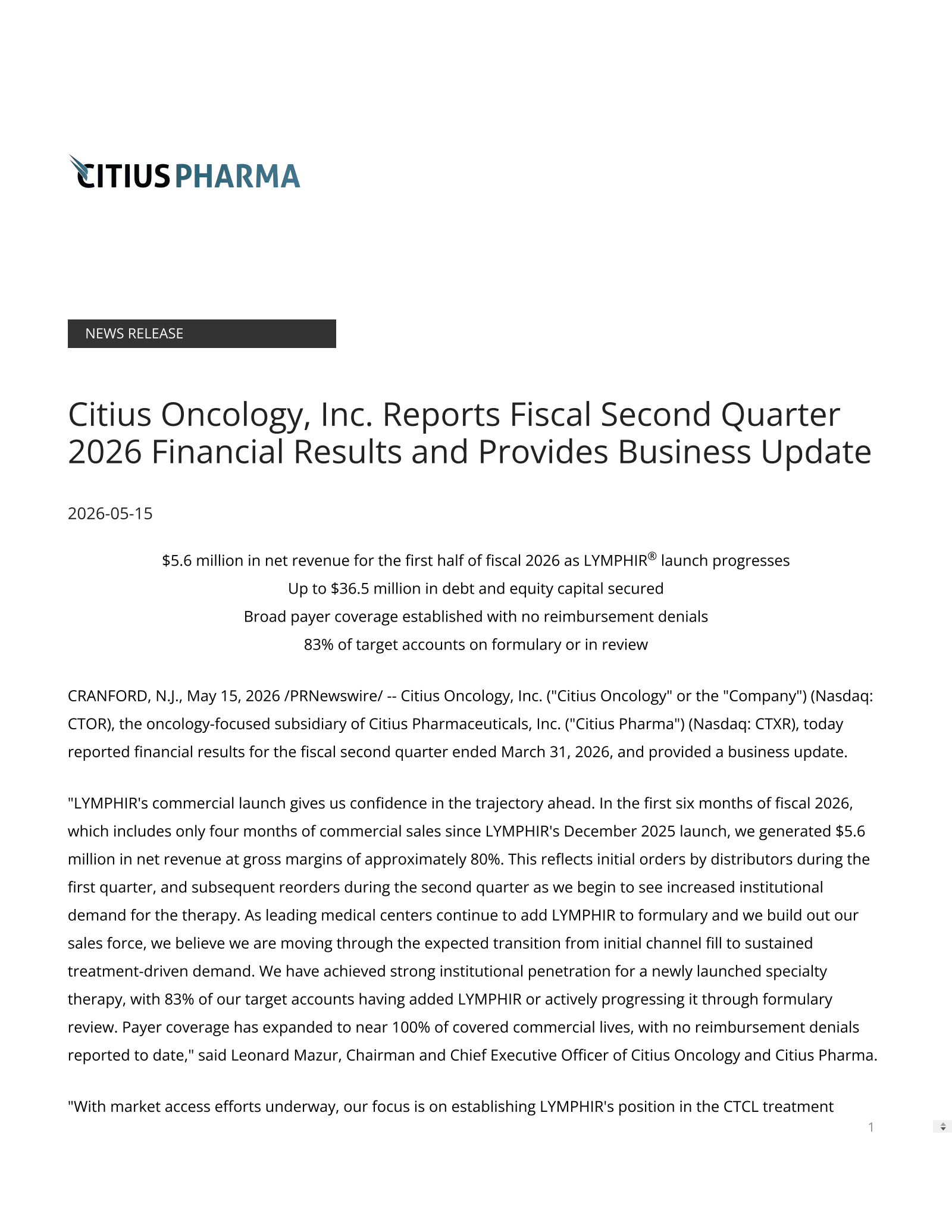 Citius Oncology's Q2 2026 Press Release