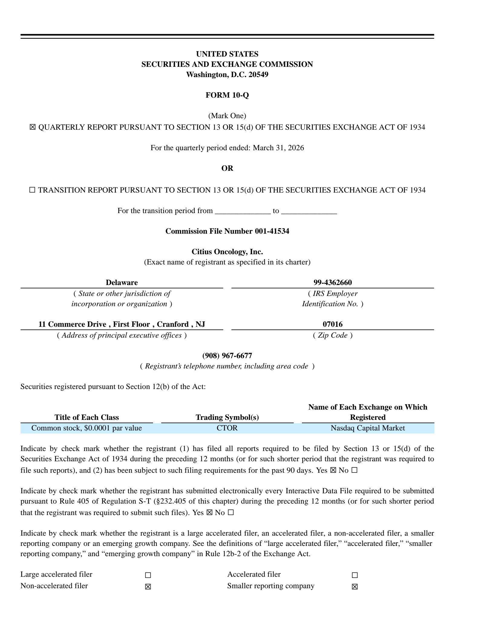 Citius Oncology's Q2 2026 Quarterly report