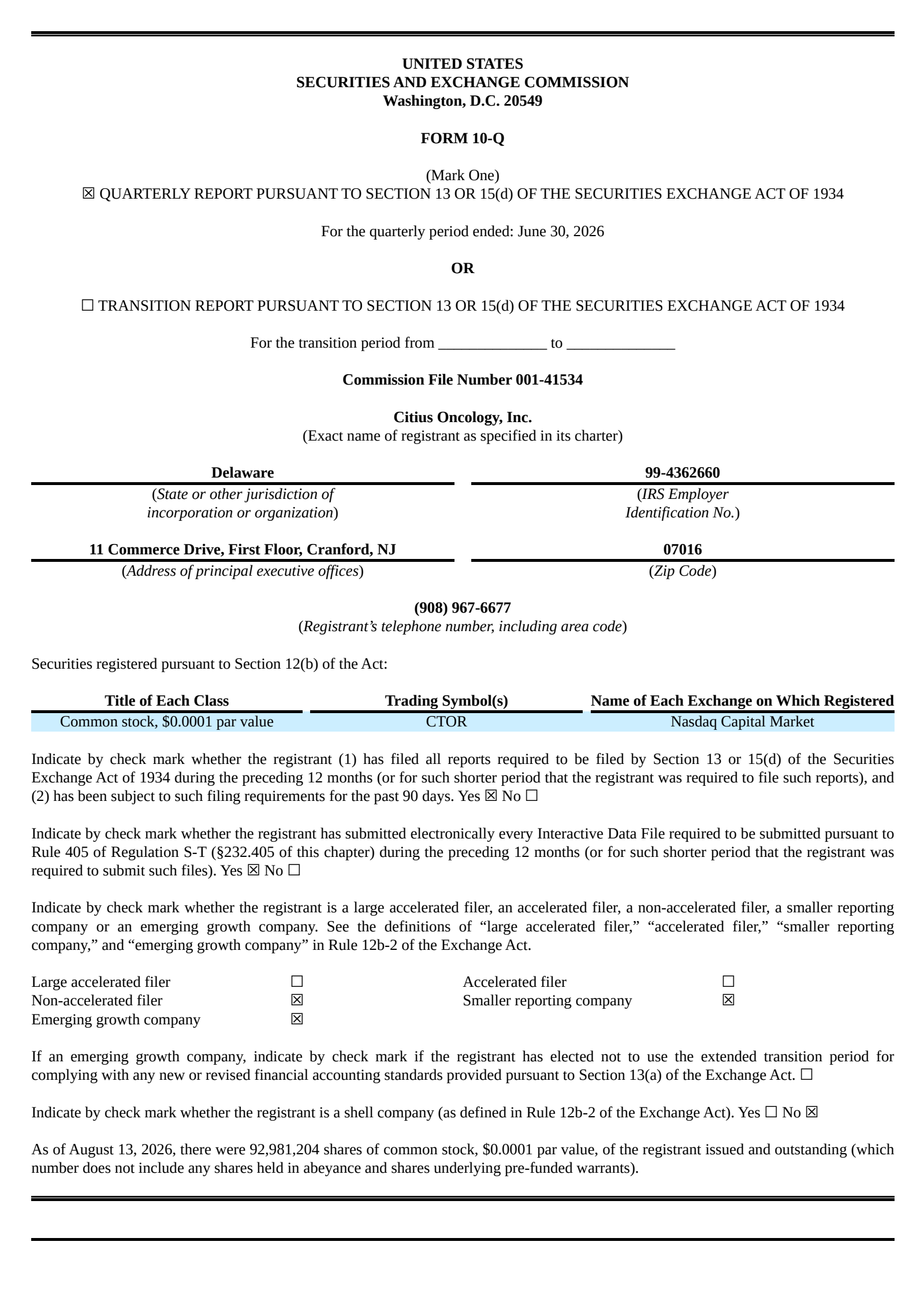 Citius Oncology's Q3 2026 Quarterly report