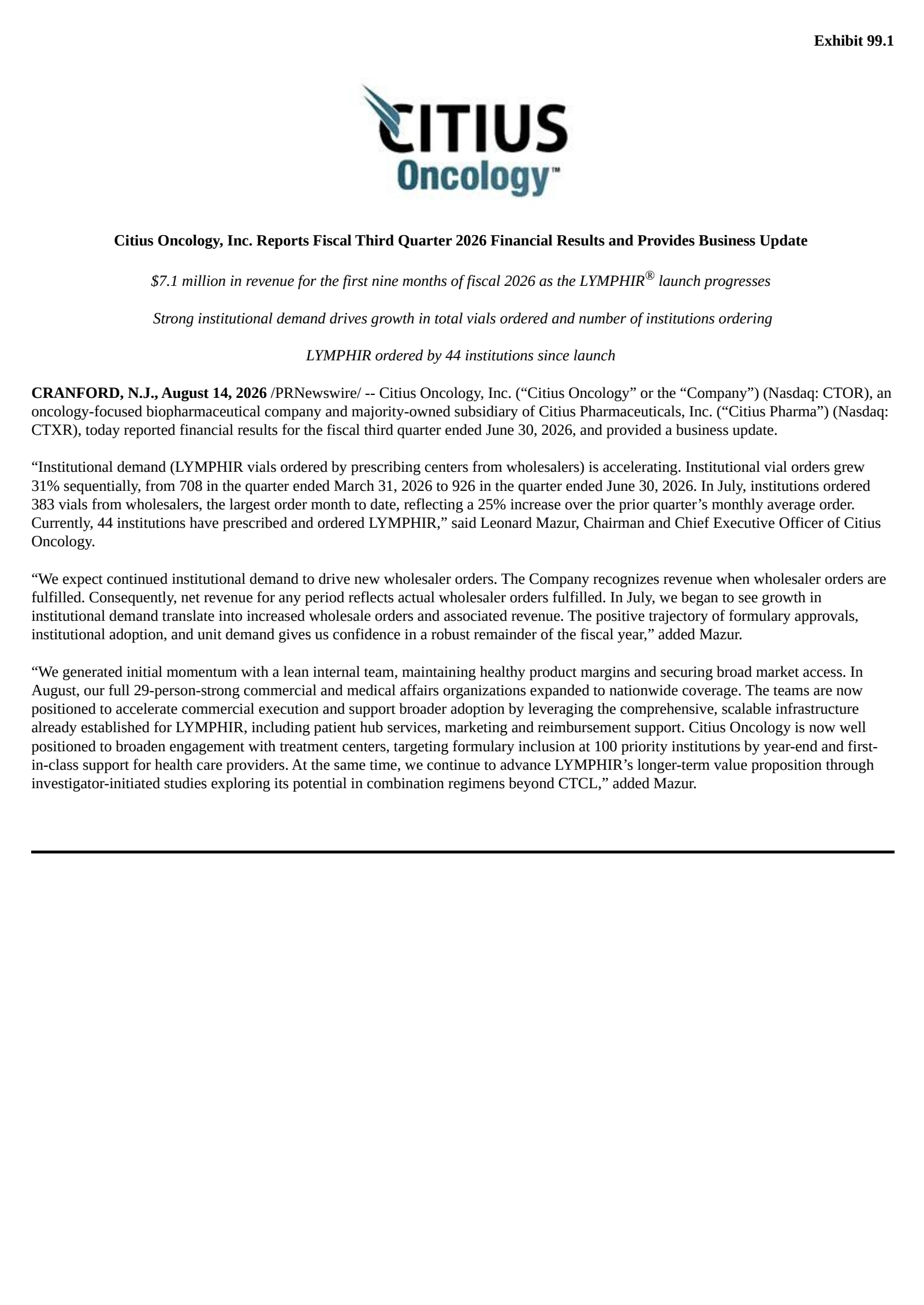 Citius Oncology's Q3 2026 Press Release