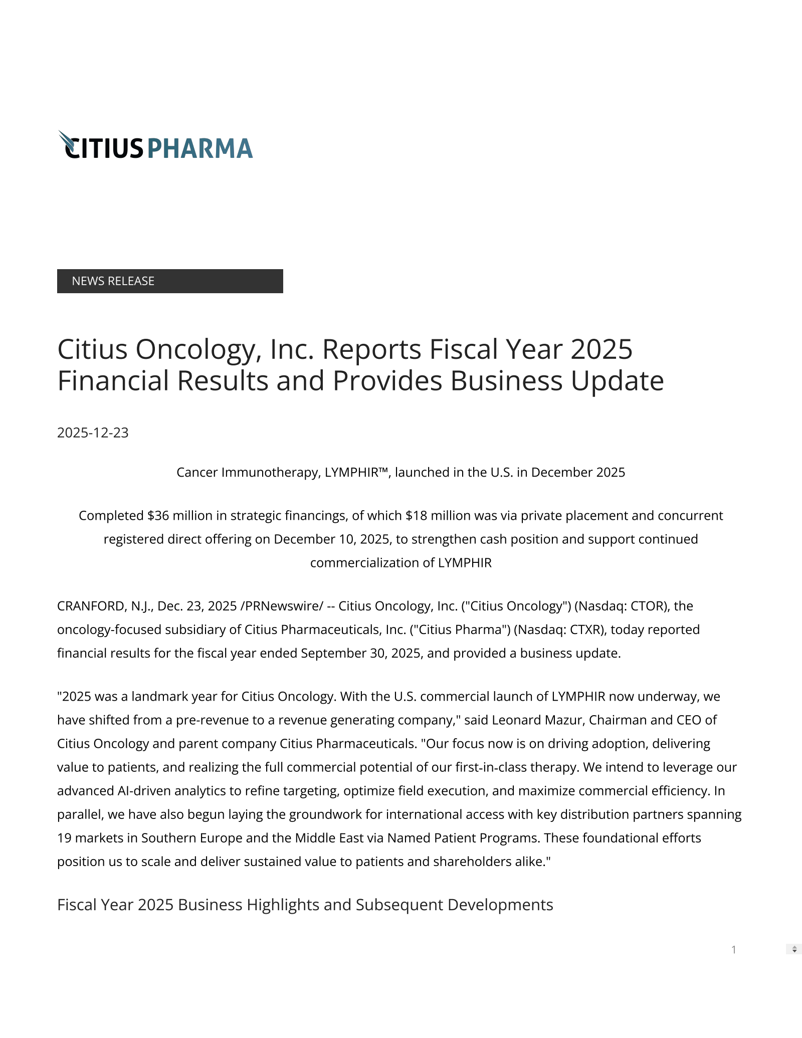 Citius Oncology's Q4 2025 Press Release