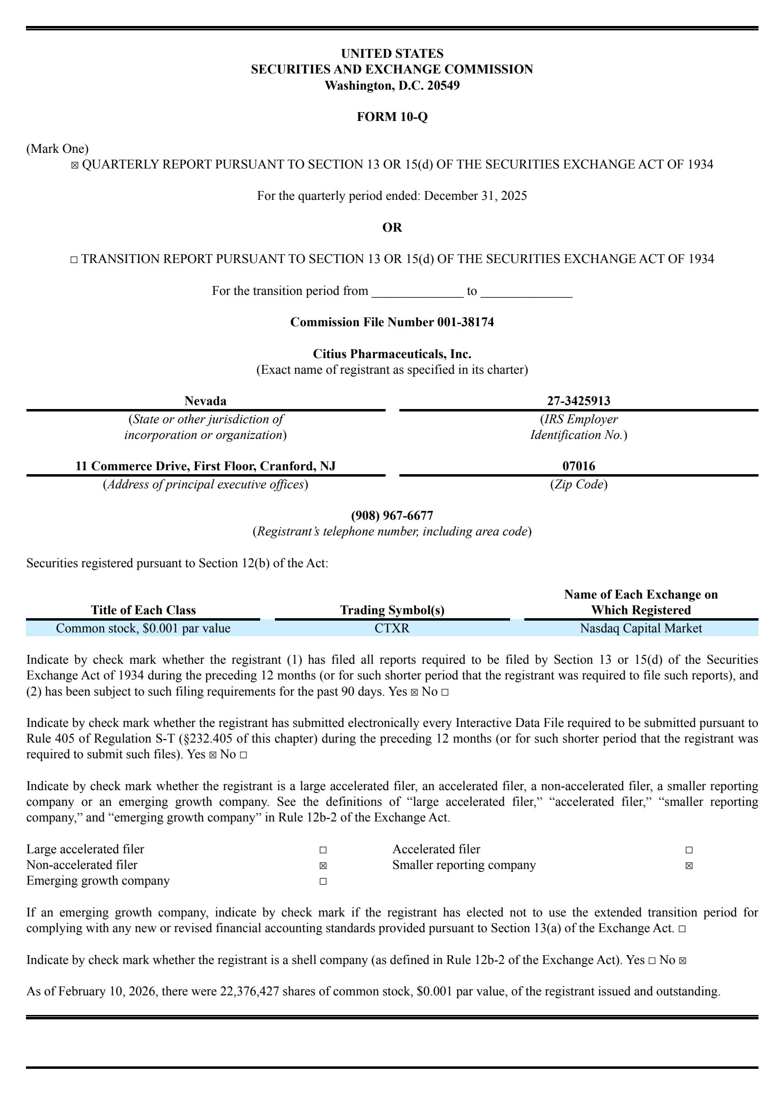 Citius Pharmaceuticals' Q1 2026 Quarterly report