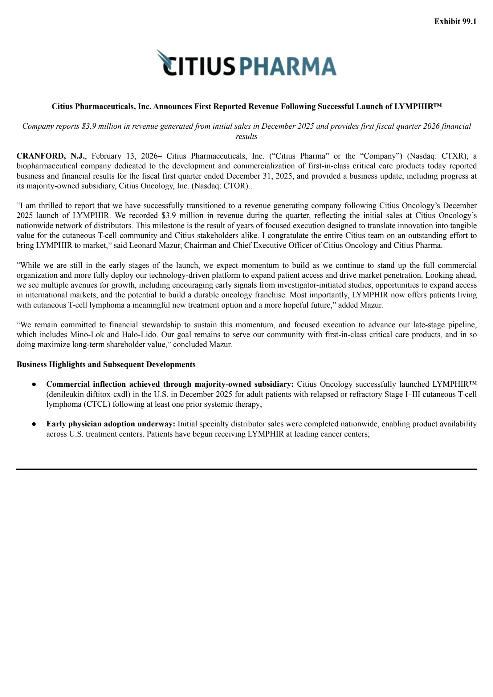 Citius Pharmaceuticals' Q1 2026 Press Release
