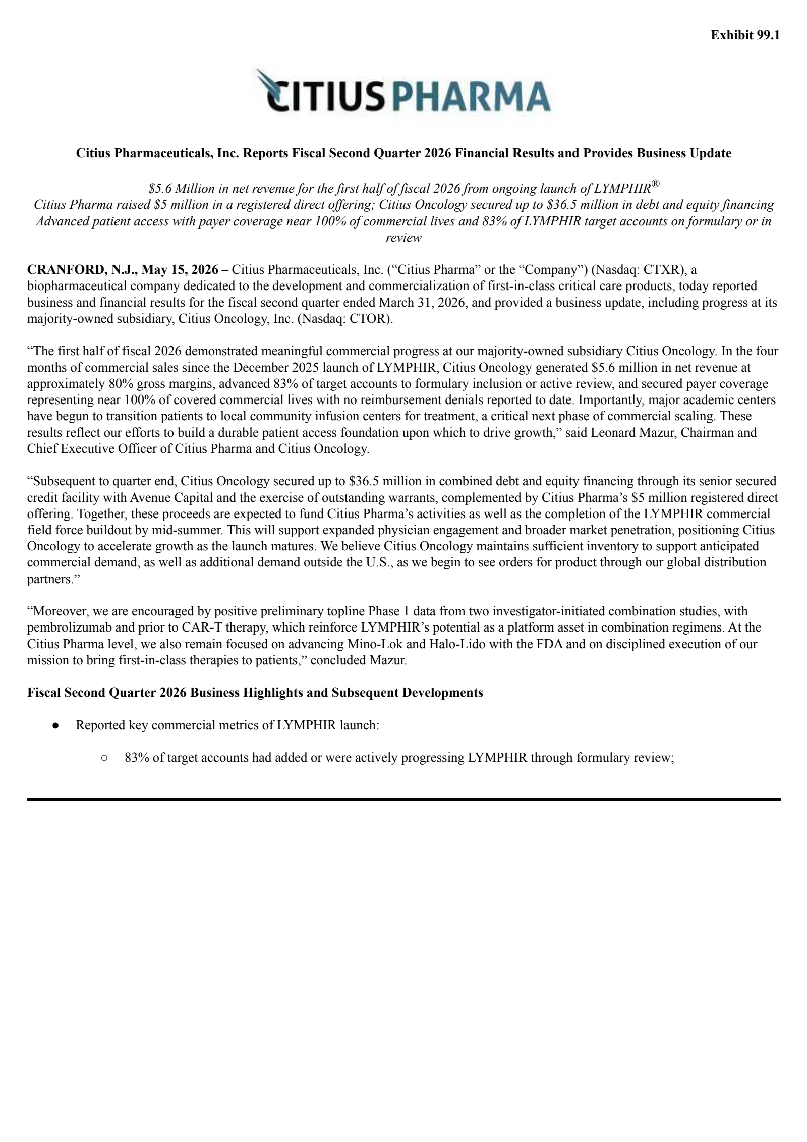 Citius Pharmaceuticals' Q2 2026 Press Release