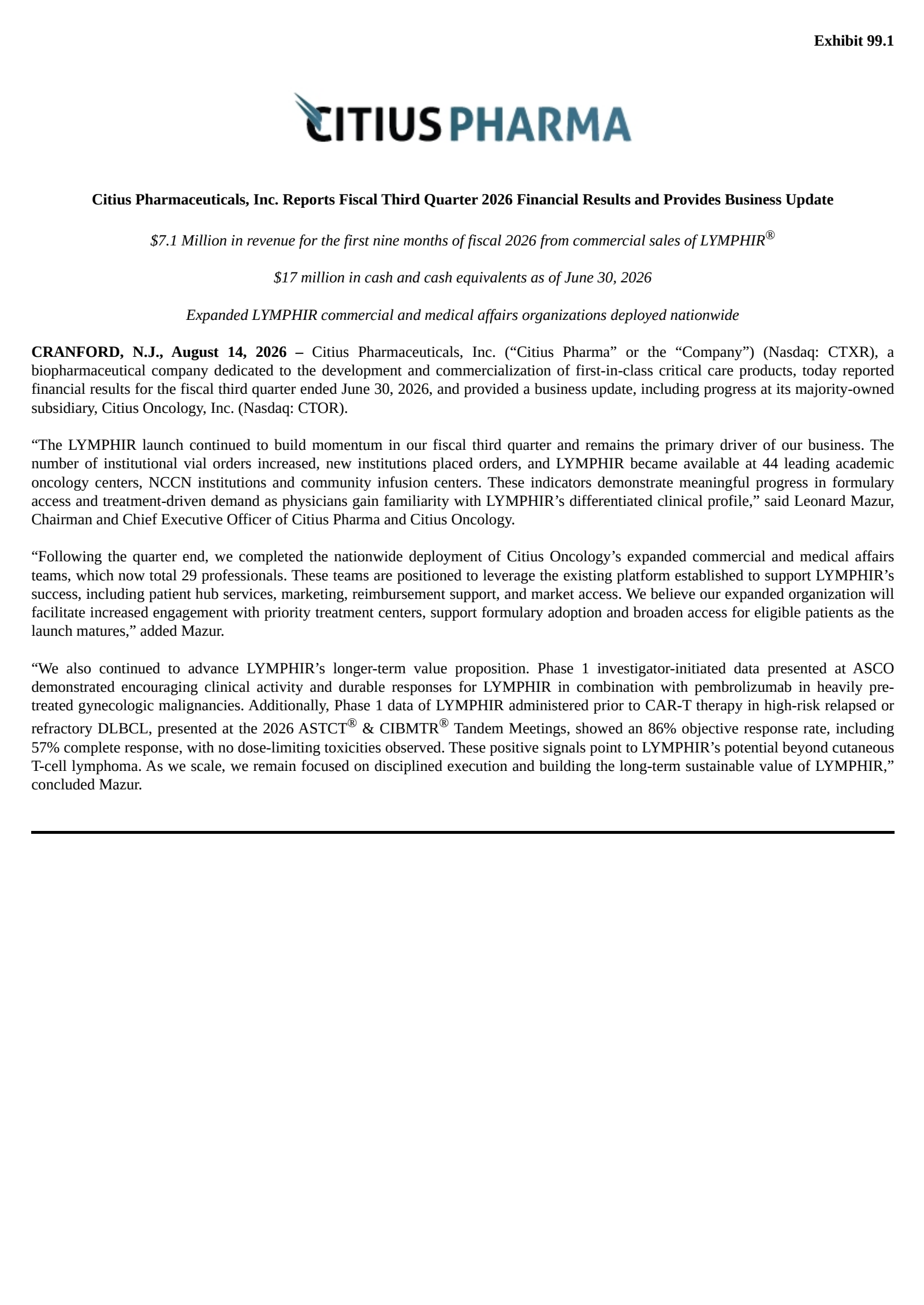 Citius Pharmaceuticals' Q3 2026 Press Release