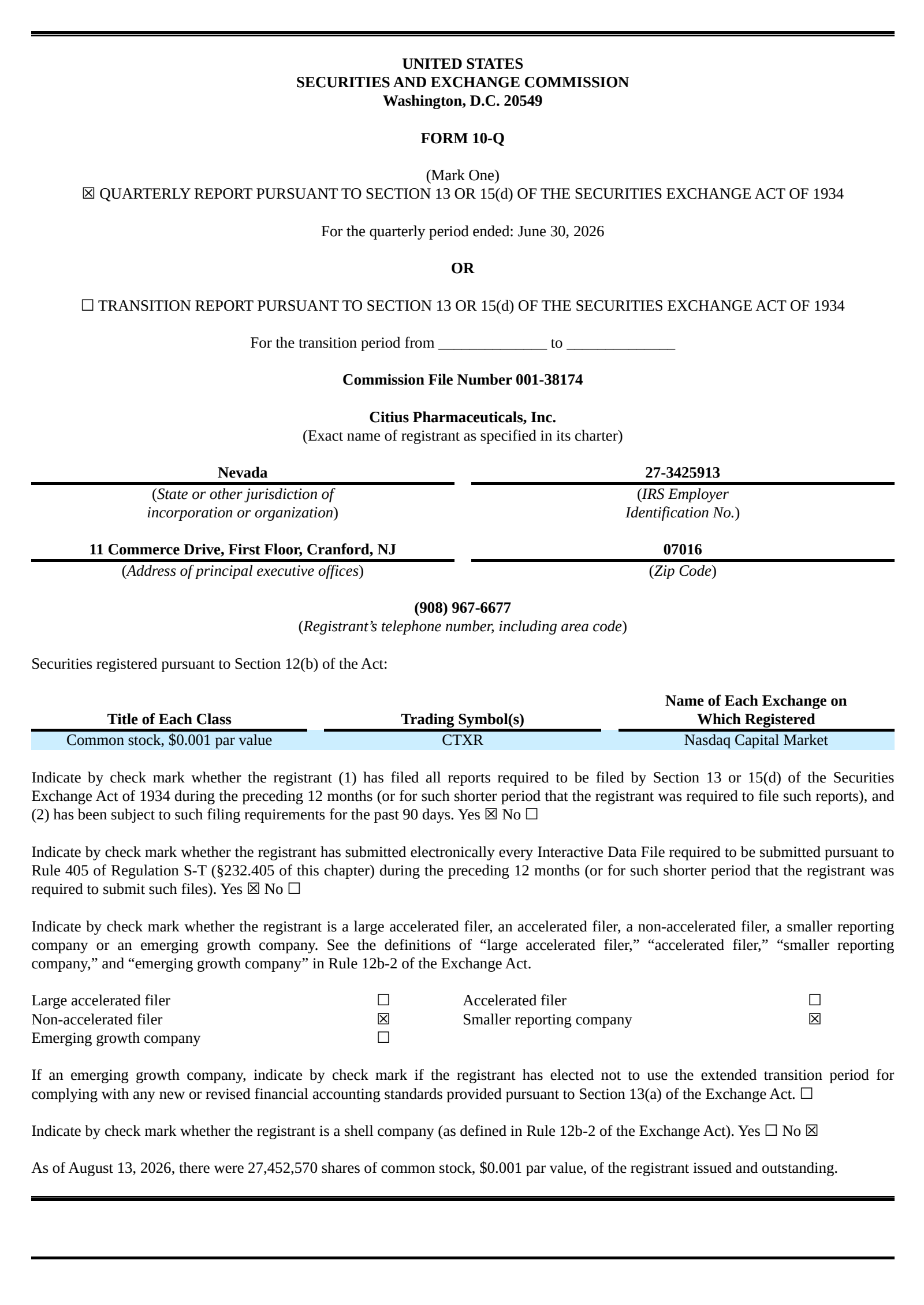 Citius Pharmaceuticals' Q3 2026 Quarterly report