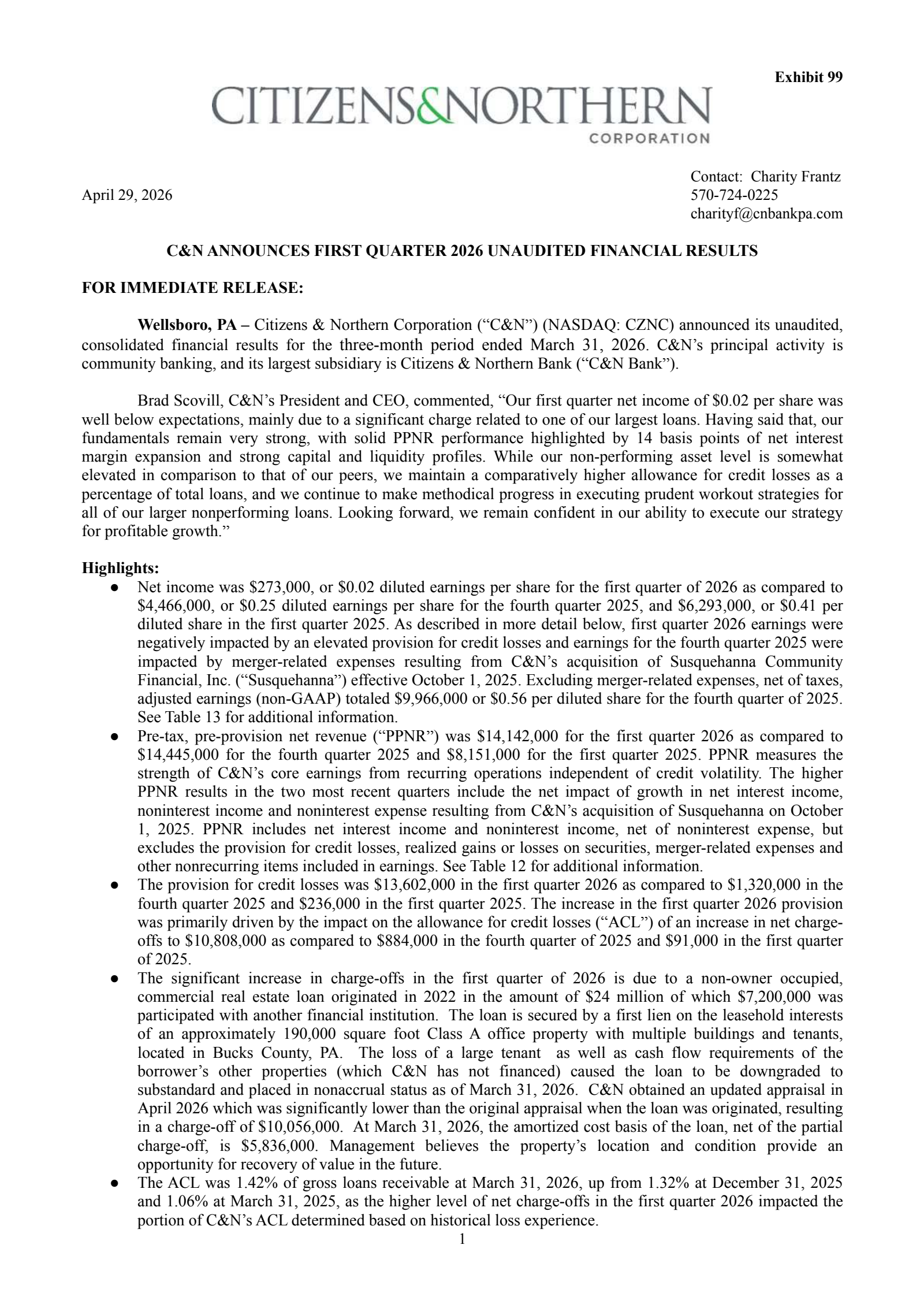 Citizens & Northern's Q1 2026 Press Release