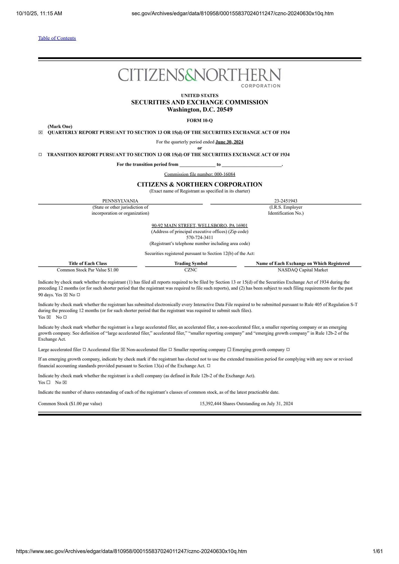 Citizens & Northern's Q2 2024 Quarterly Report