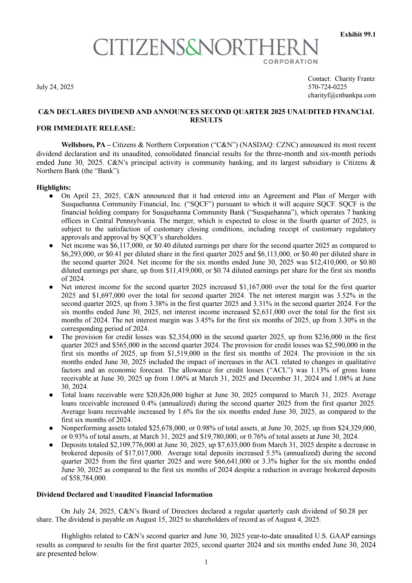 Citizens & Northern's Q2 2025 Press Release